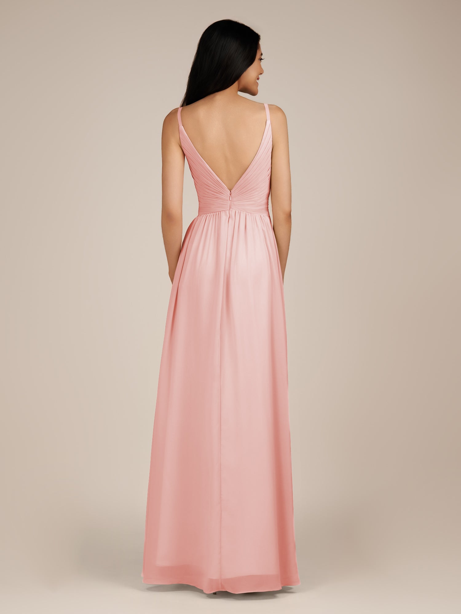 KissDress-Ophelia Blush Pink A Line Chiffon V Neck Long Bridesmaid Dress with Pleats
