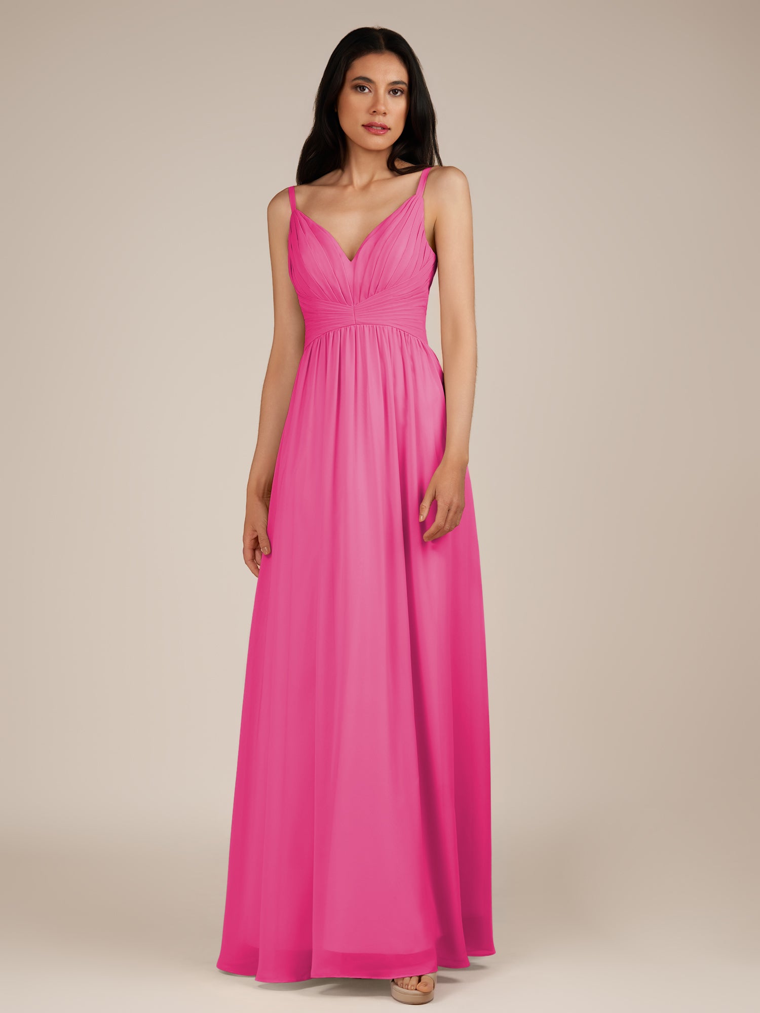 KissDress-Ophelia BonBon Pink A Line Chiffon V Neck Long Bridesmaid Dress with Pleats
