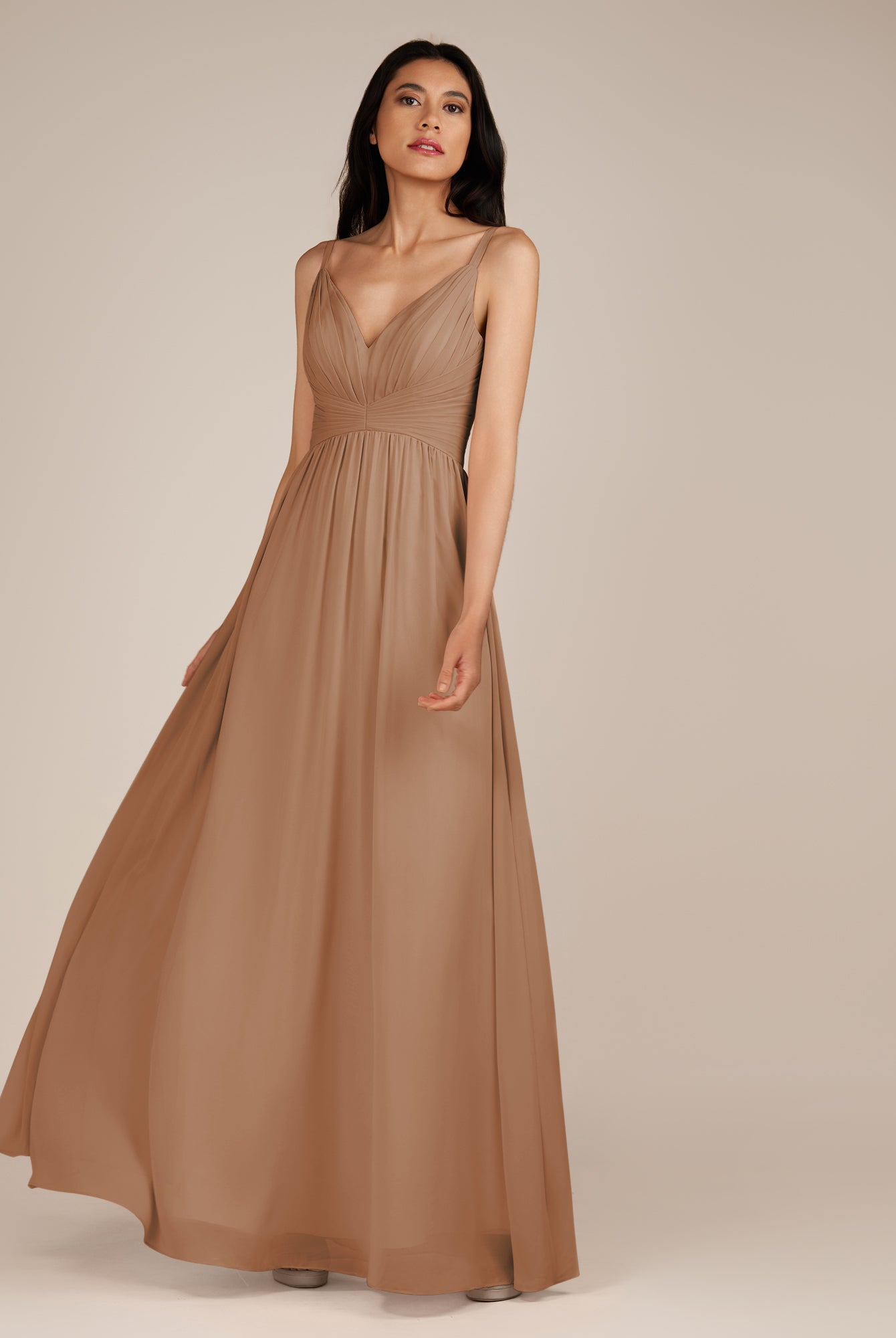 KissDress-Ophelia Bronzer A Line Chiffon V Neck Long Bridesmaid Dress with Pleats