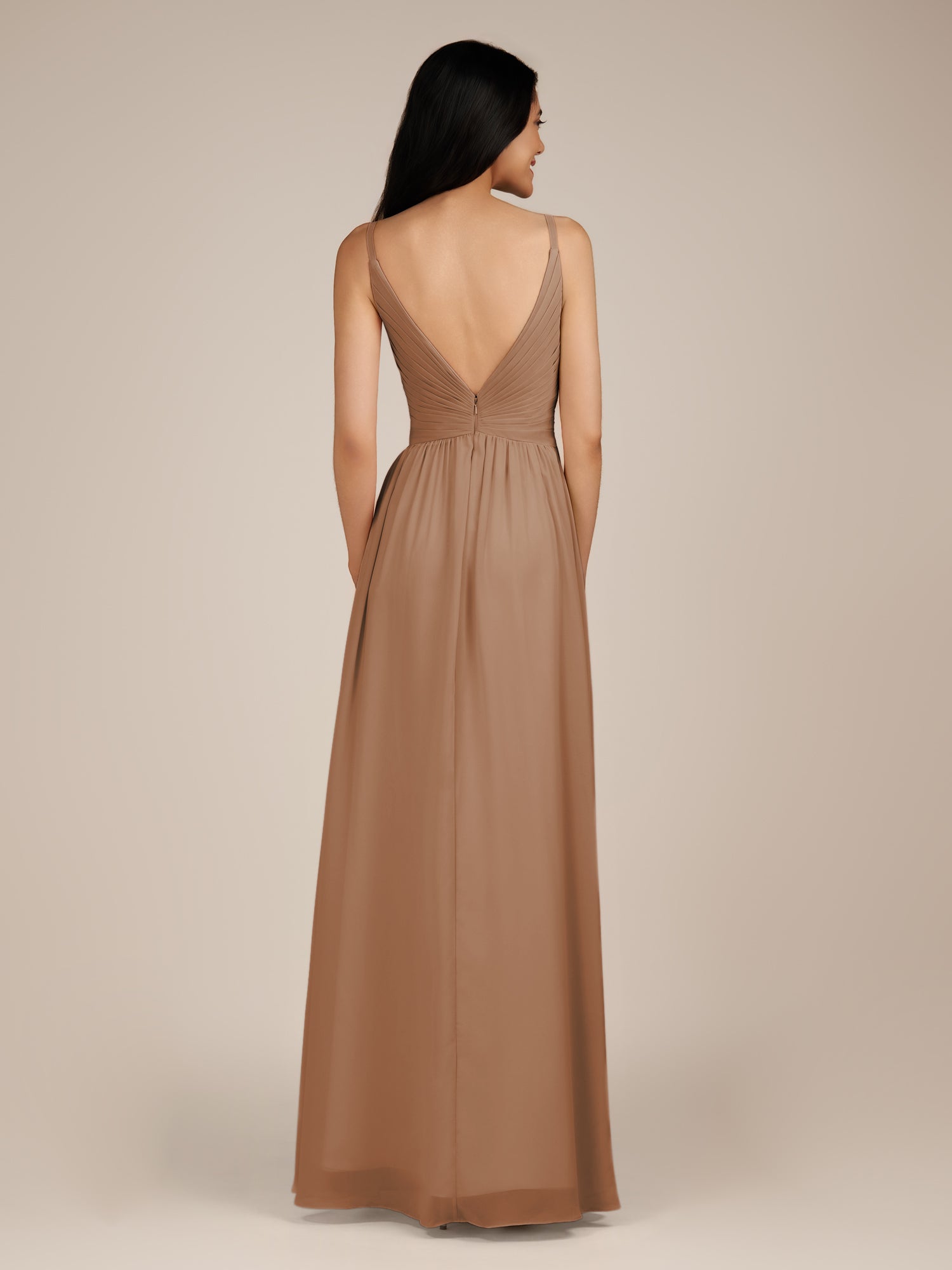 KissDress-Ophelia Bronzer A Line Chiffon V Neck Long Bridesmaid Dress with Pleats