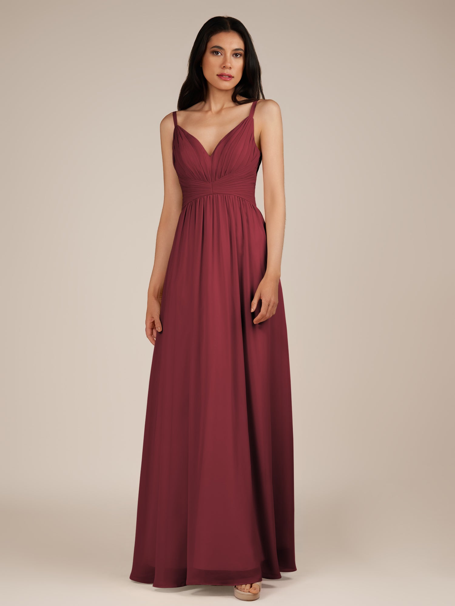 KissDress-Ophelia Burgundy A Line Chiffon V Neck Long Bridesmaid Dress with Pleats