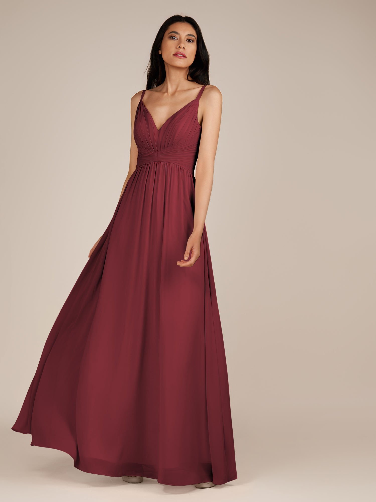 KissDress-Ophelia Burgundy A Line Chiffon V Neck Long Bridesmaid Dress with Pleats