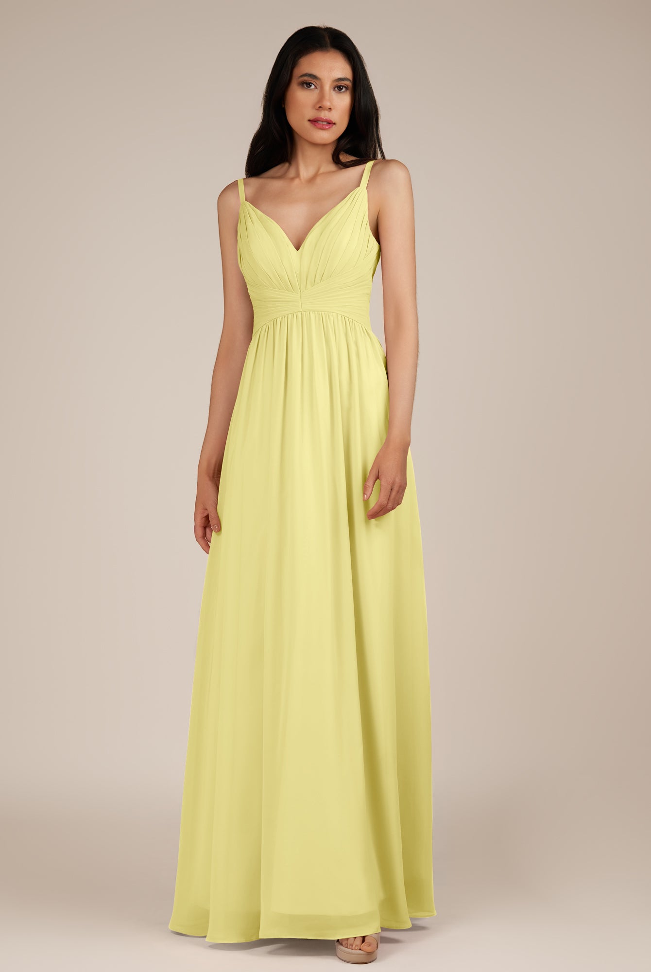 KissDress-Ophelia Buttercup A Line Chiffon V Neck Long Bridesmaid Dress with Pleats