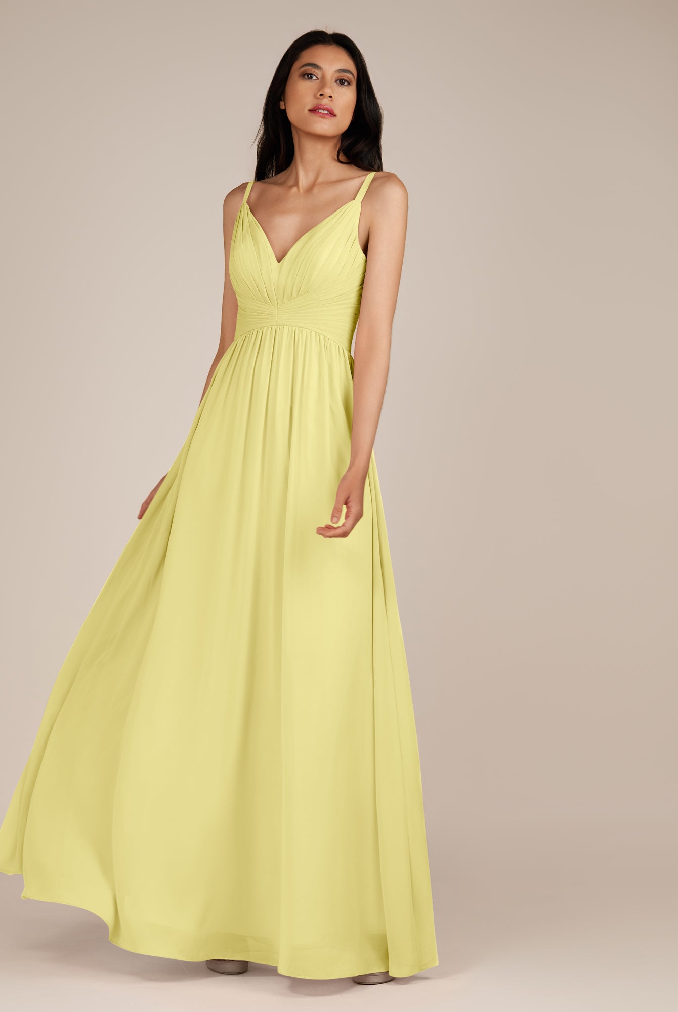 KissDress-Ophelia Buttercup A Line Chiffon V Neck Long Bridesmaid Dress with Pleats