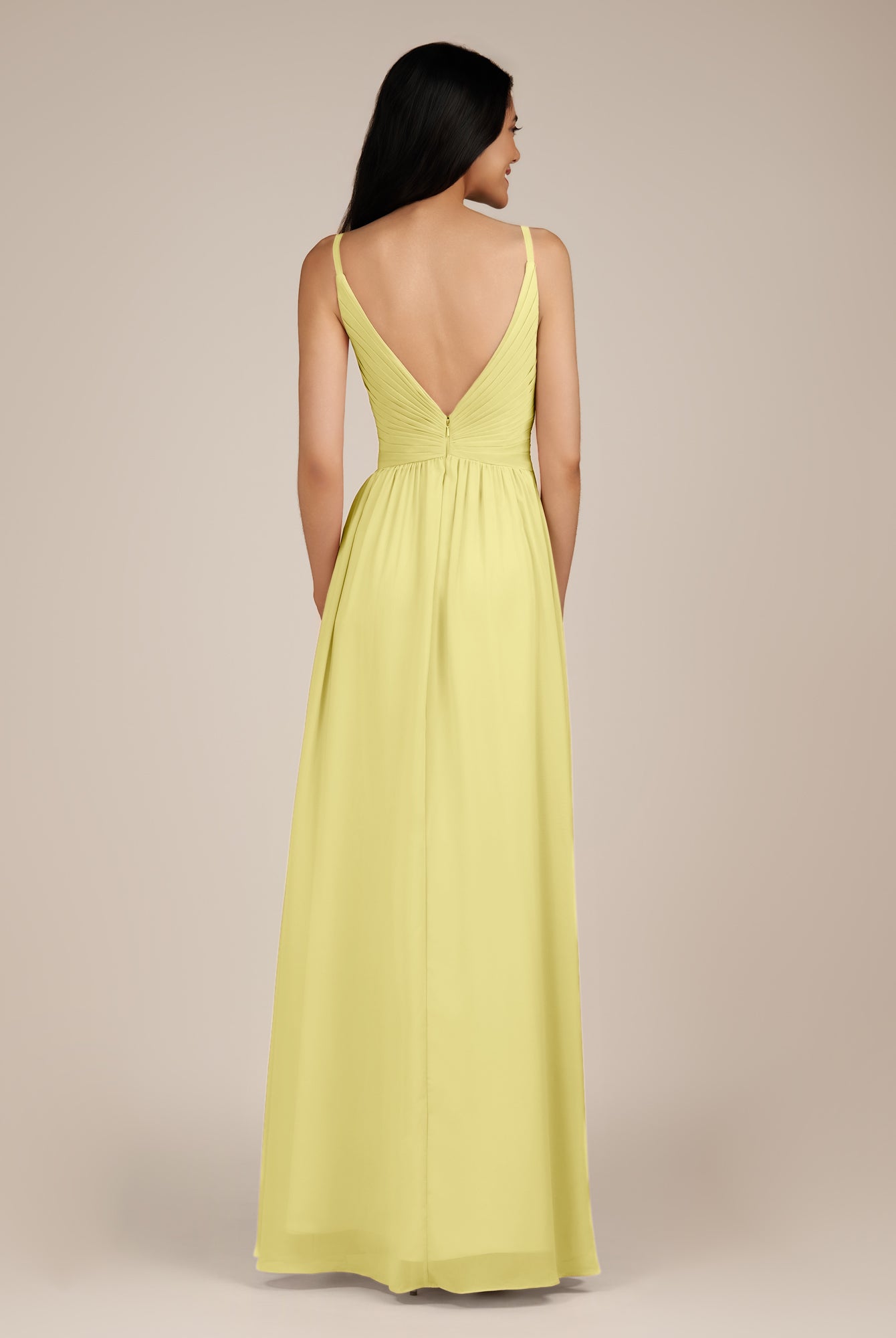 KissDress-Ophelia Buttercup A Line Chiffon V Neck Long Bridesmaid Dress with Pleats