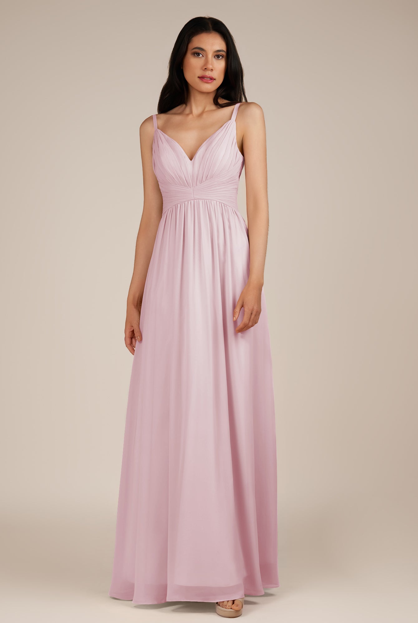 KissDress-Ophelia Candy Pink A Line Chiffon V Neck Long Bridesmaid Dress with Pleats