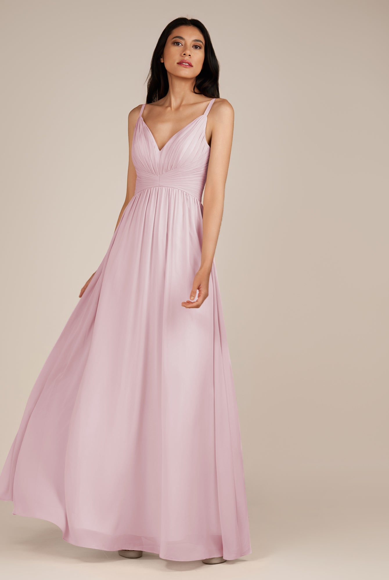 KissDress-Ophelia Candy Pink A Line Chiffon V Neck Long Bridesmaid Dress with Pleats