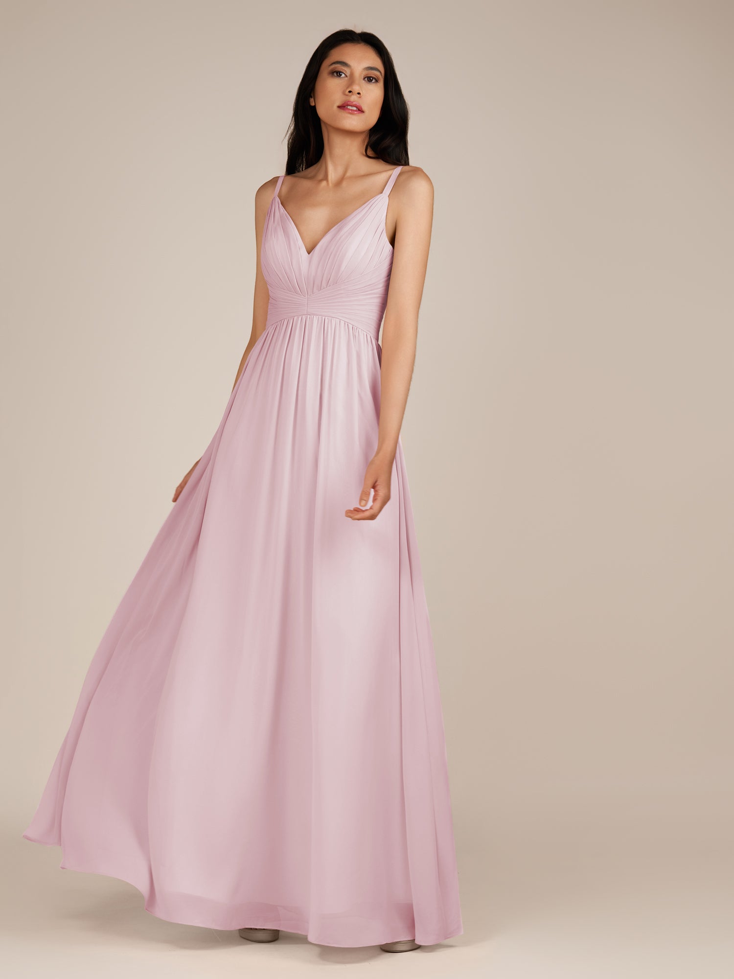 KissDress-Ophelia Candy Pink A Line Chiffon V Neck Long Bridesmaid Dress with Pleats