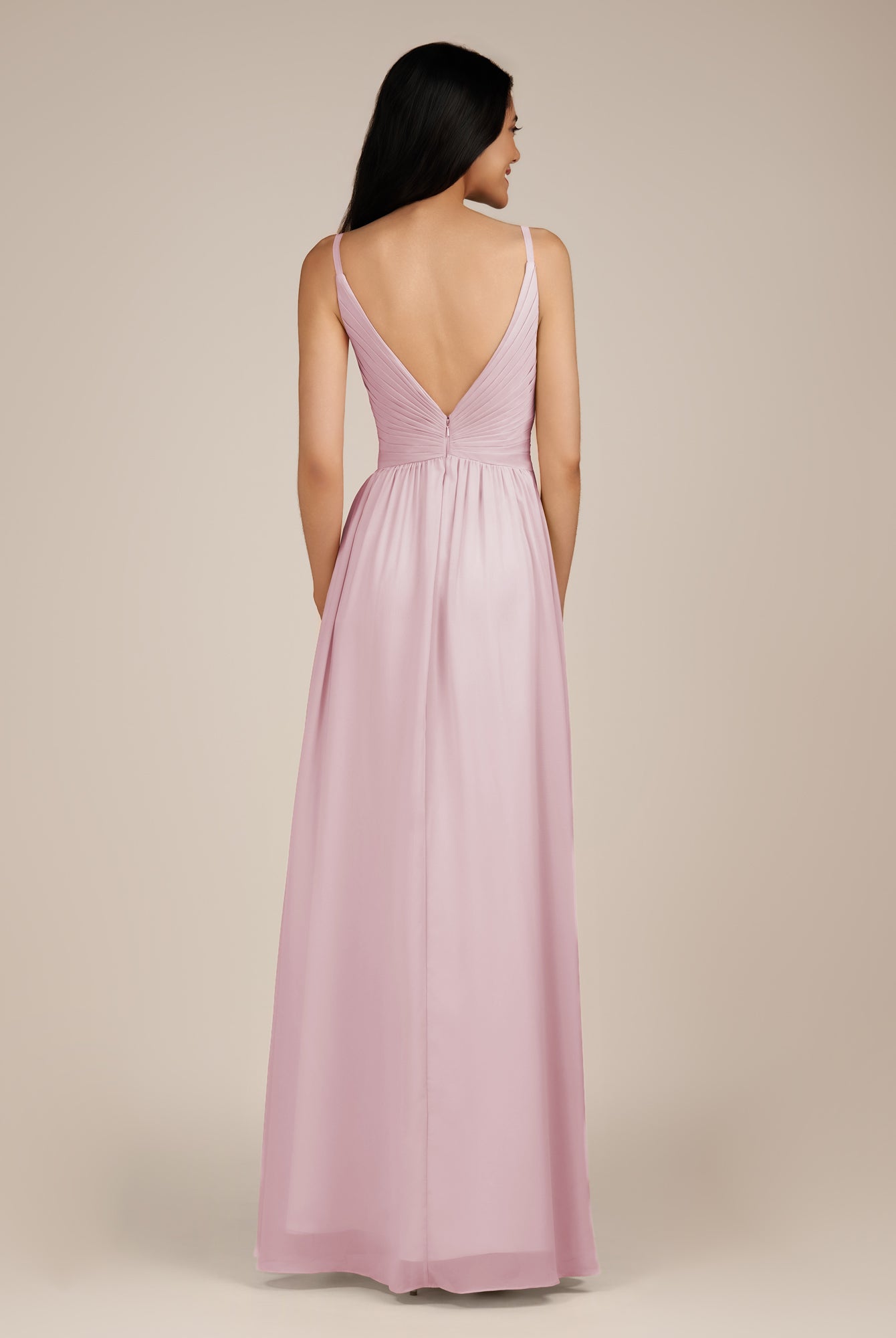 KissDress-Ophelia Candy Pink A Line Chiffon V Neck Long Bridesmaid Dress with Pleats