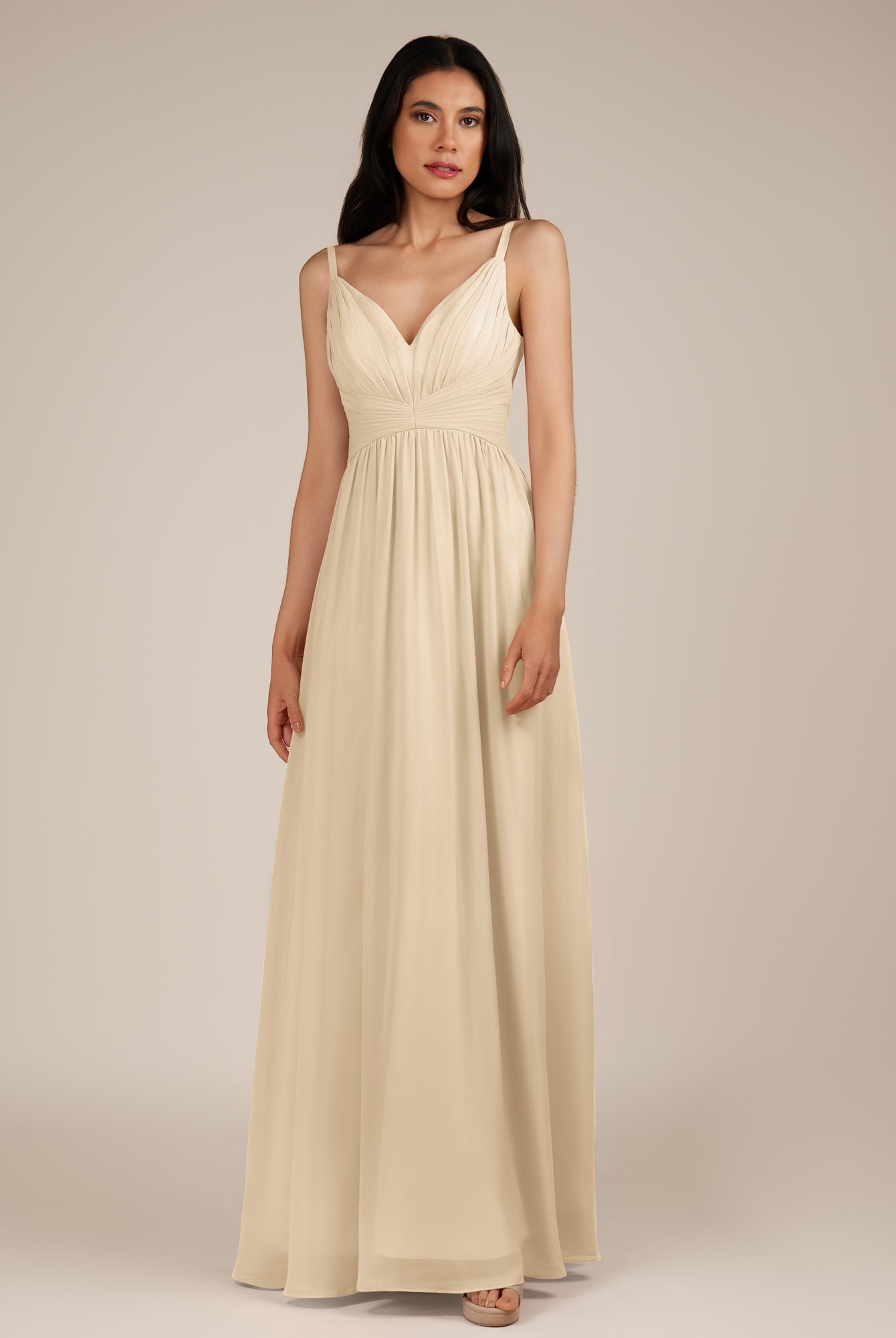 KissDress-Ophelia Champagne A Line Chiffon V Neck Long Bridesmaid Dress with Pleats