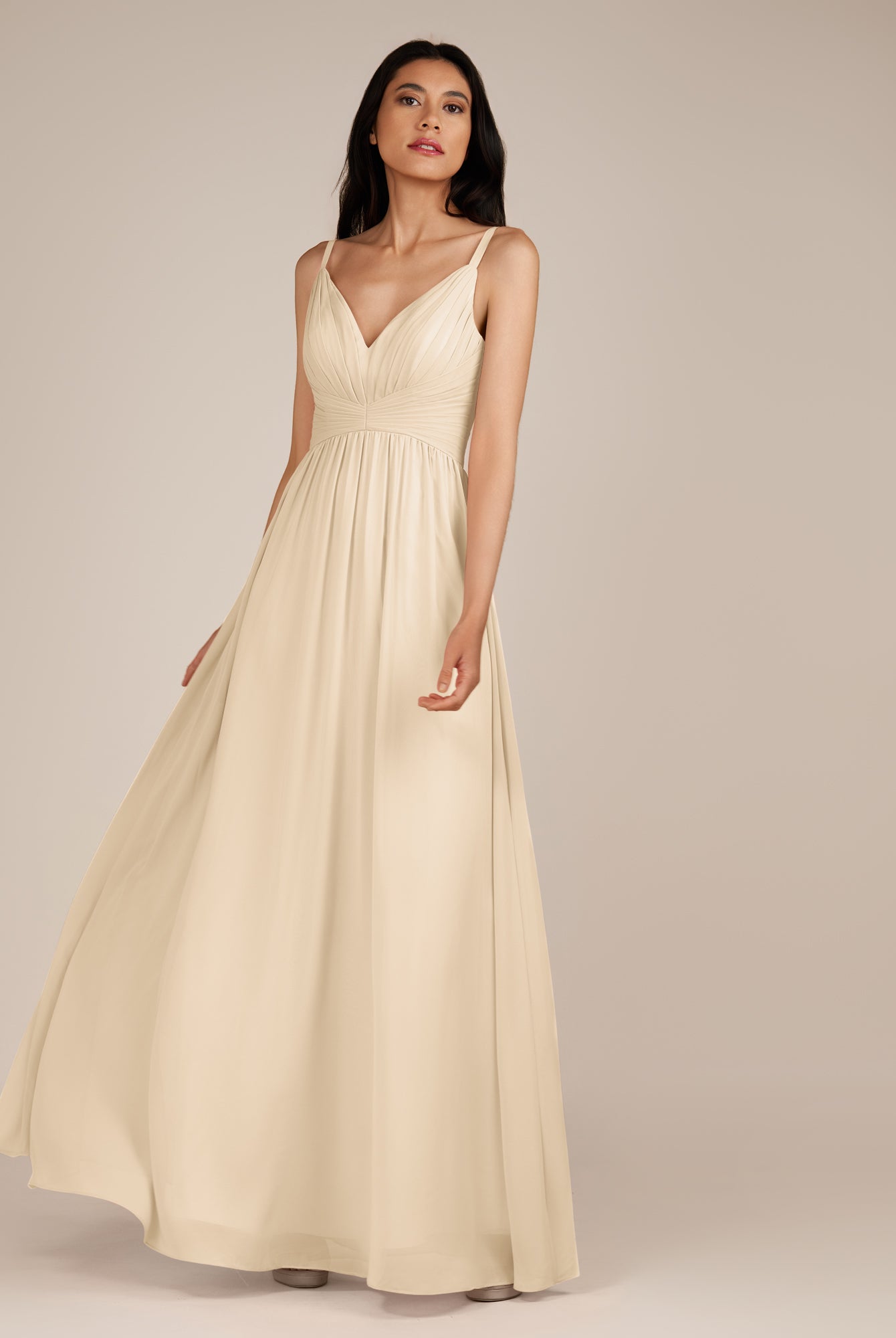 KissDress-Ophelia Champagne A Line Chiffon V Neck Long Bridesmaid Dress with Pleats