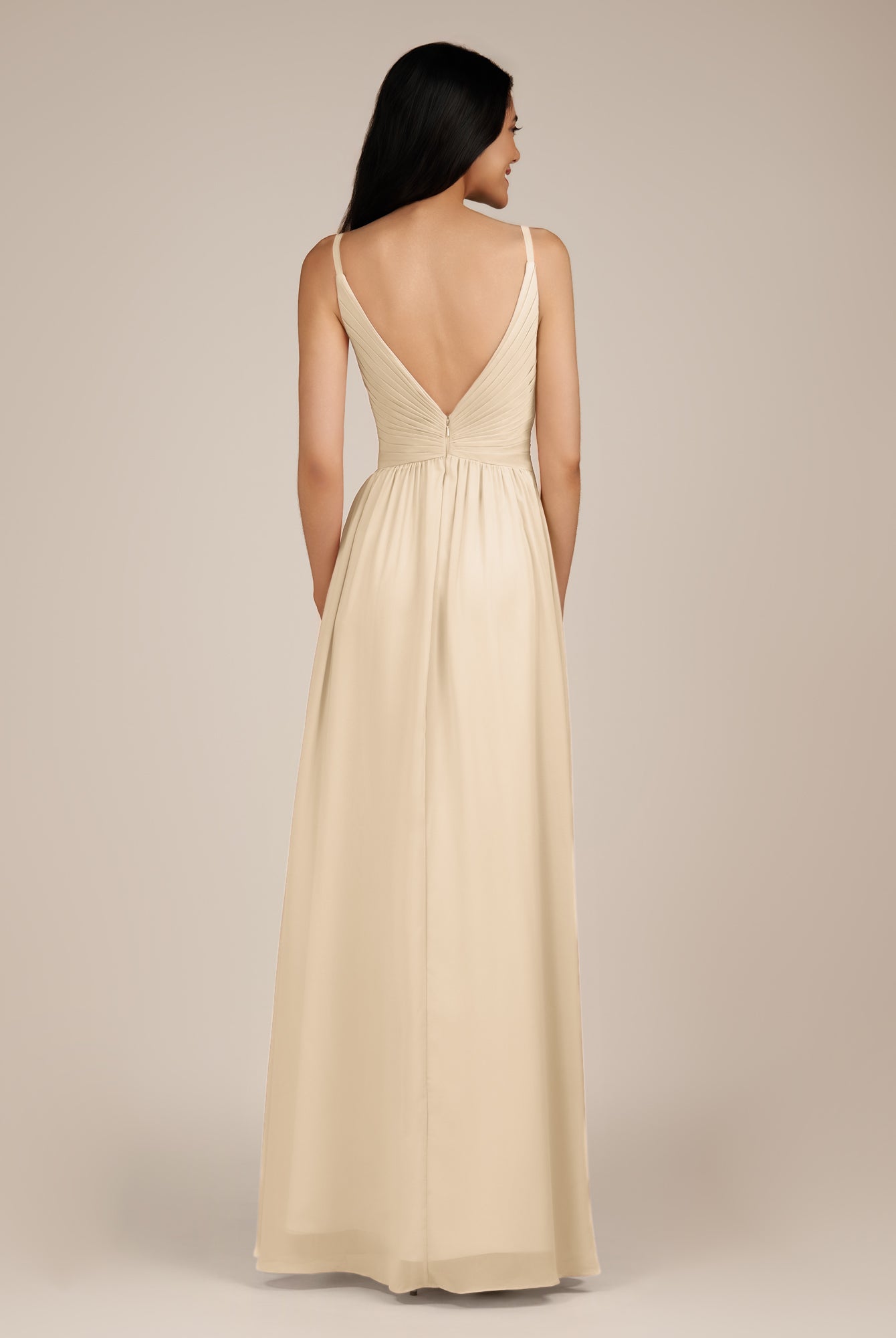 KissDress-Ophelia Champagne A Line Chiffon V Neck Long Bridesmaid Dress with Pleats