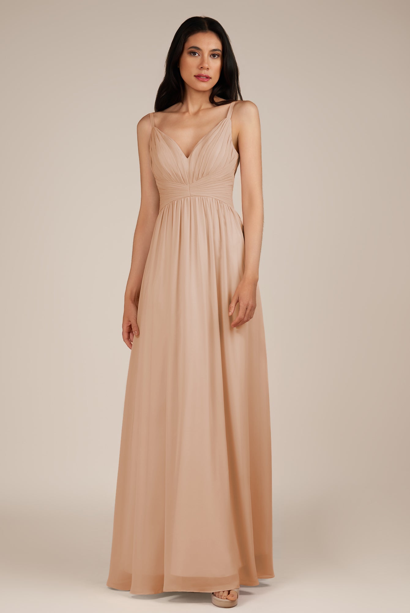 KissDress-Ophelia Champagne Rose A Line Chiffon V Neck Long Bridesmaid Dress with Pleats