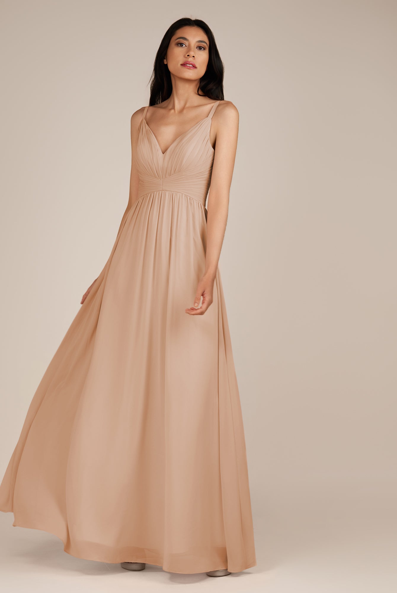 KissDress-Ophelia Champagne Rose A Line Chiffon V Neck Long Bridesmaid Dress with Pleats
