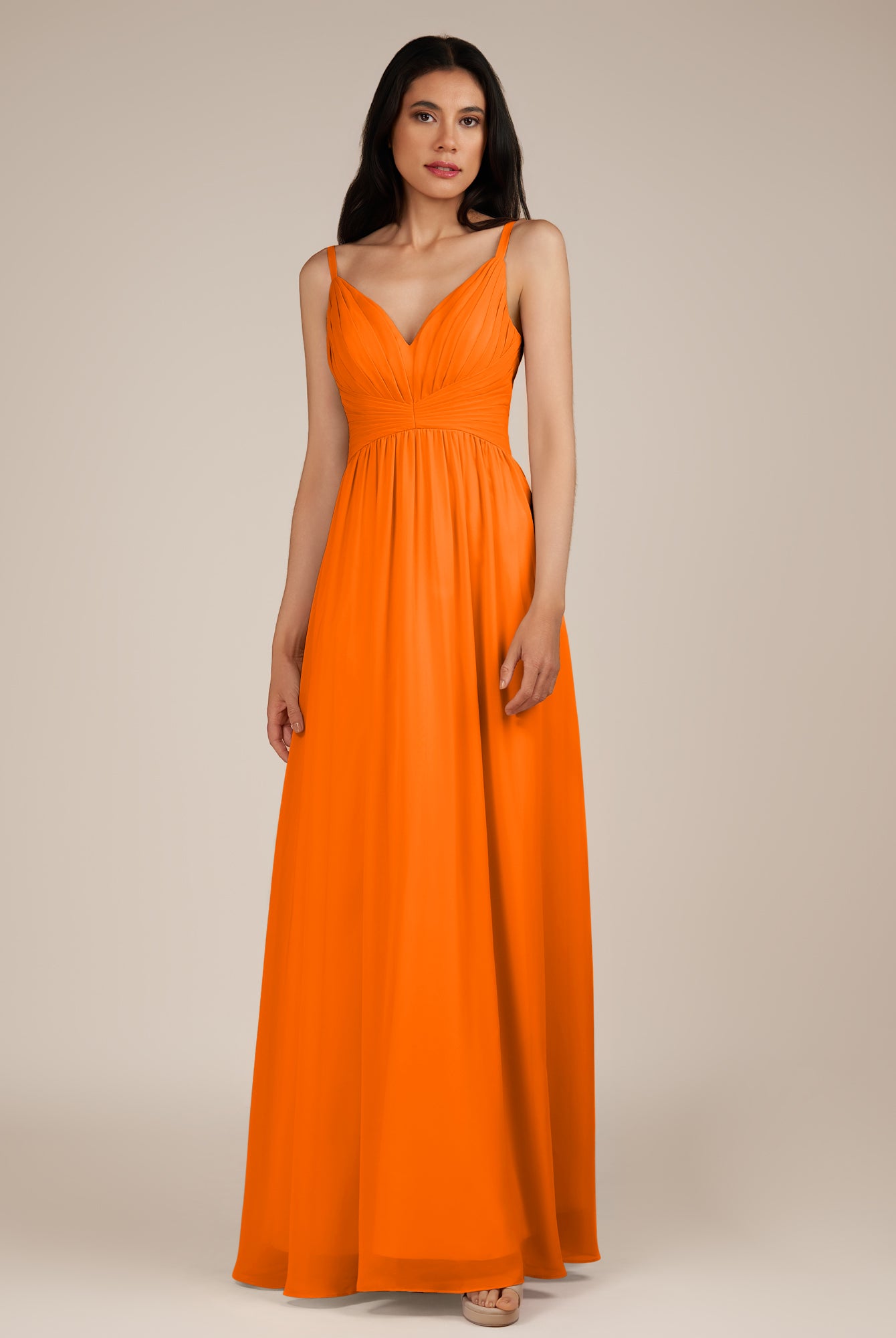 KissDress-Ophelia Cinnamon A Line Chiffon V Neck Long Bridesmaid Dress with Pleats
