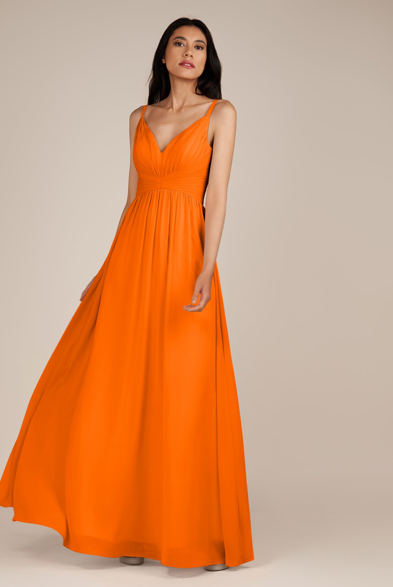 KissDress-Ophelia Cinnamon A Line Chiffon V Neck Long Bridesmaid Dress with Pleats