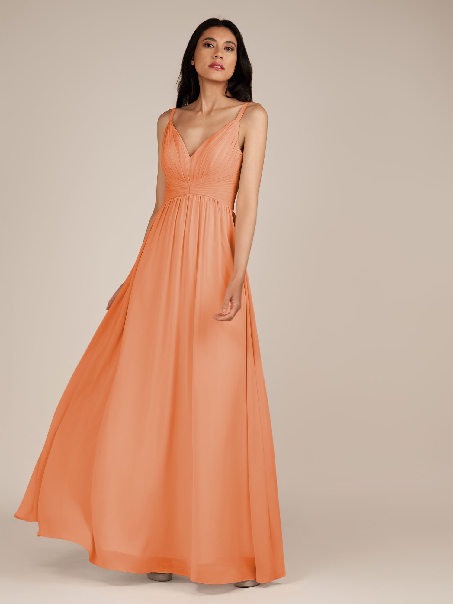 KissDress-Ophelia Coral A Line Chiffon V Neck Long Bridesmaid Dress with Pleats