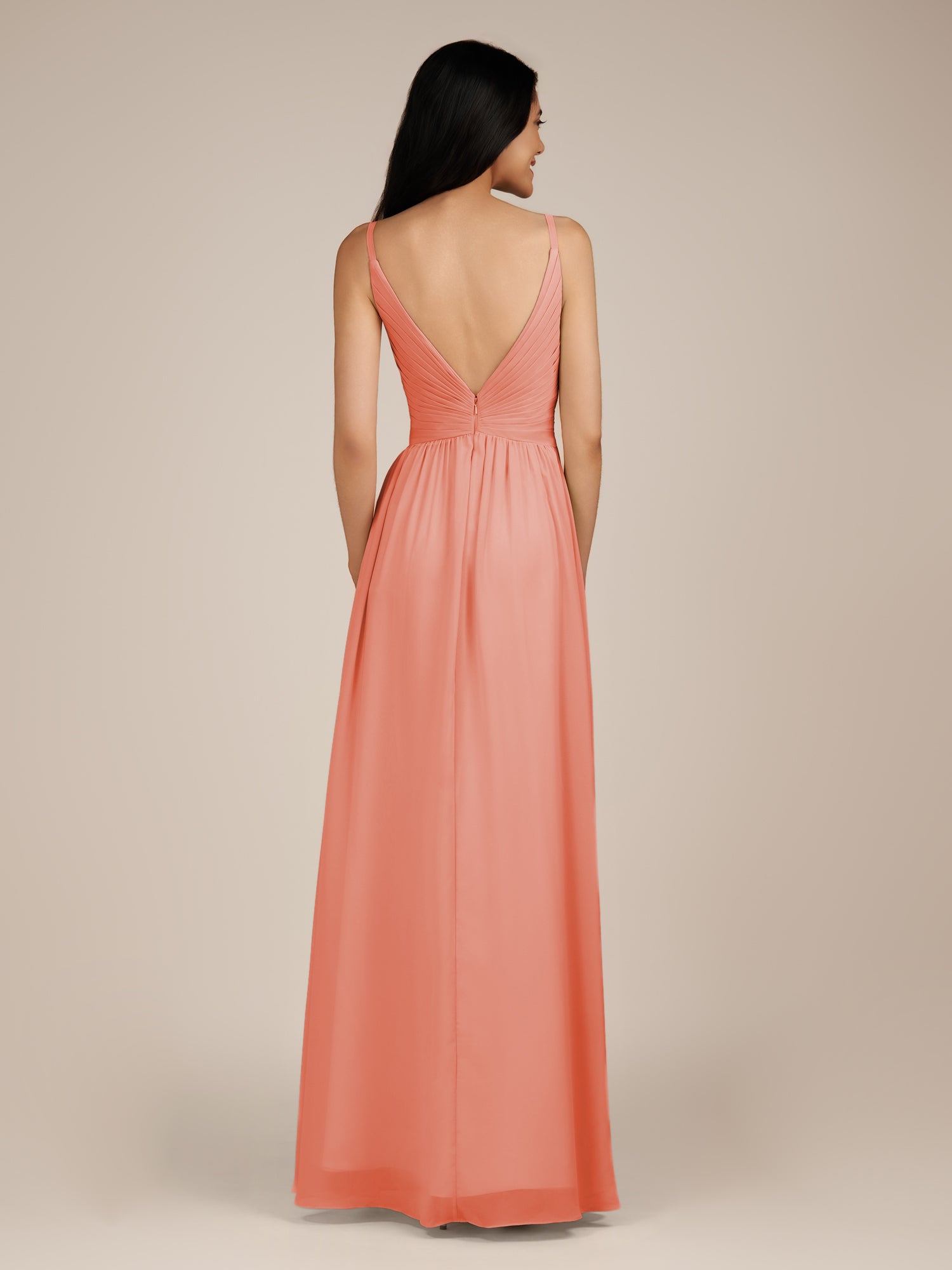 KissDress-Ophelia Coral Pink A Line Chiffon V Neck Long Bridesmaid Dress with Pleats