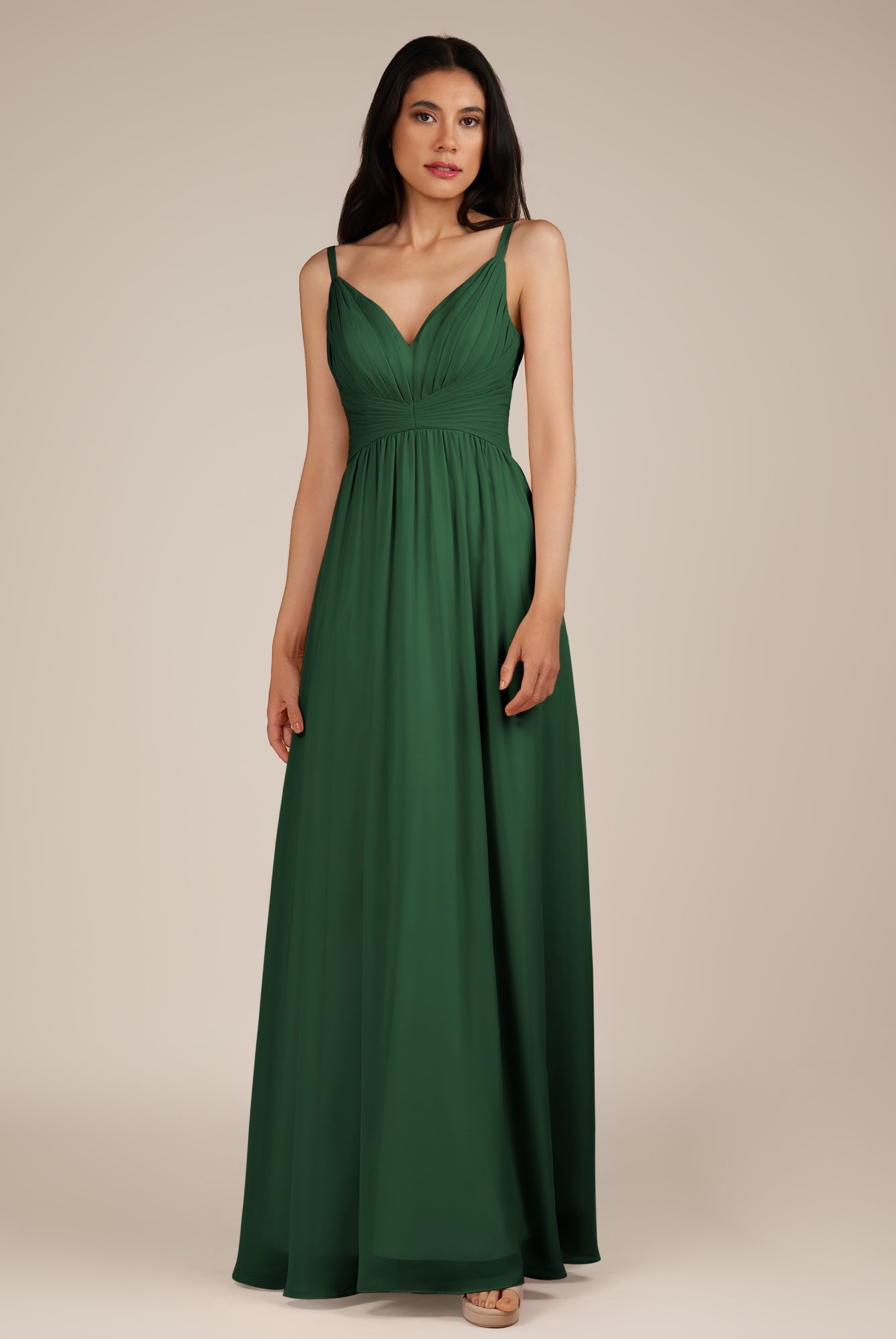 KissDress-Ophelia Dark Green A Line Chiffon V Neck Long Bridesmaid Dress with Pleats