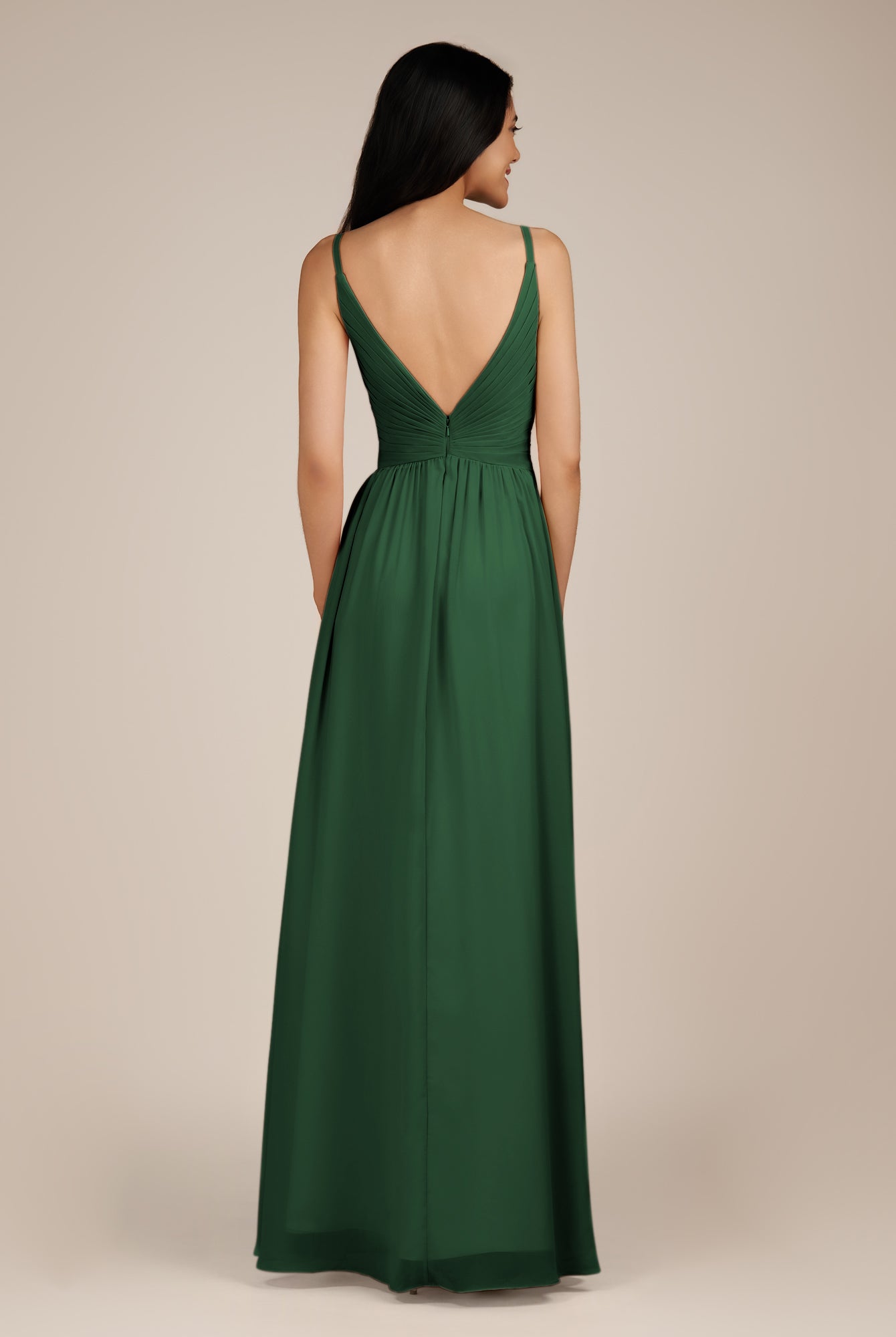 KissDress-Ophelia Dark Green A Line Chiffon V Neck Long Bridesmaid Dress with Pleats