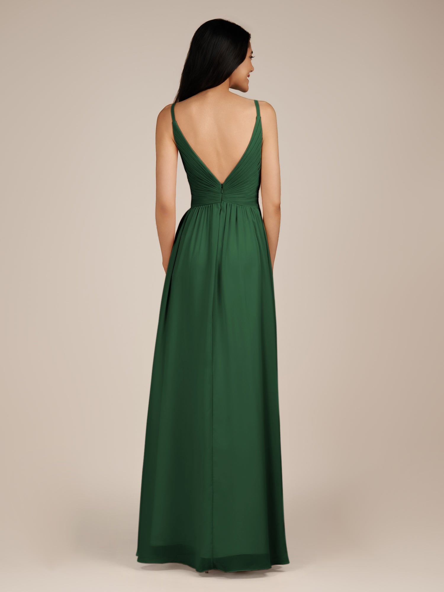 KissDress-Ophelia Dark Green A Line Chiffon V Neck Long Bridesmaid Dress with Pleats
