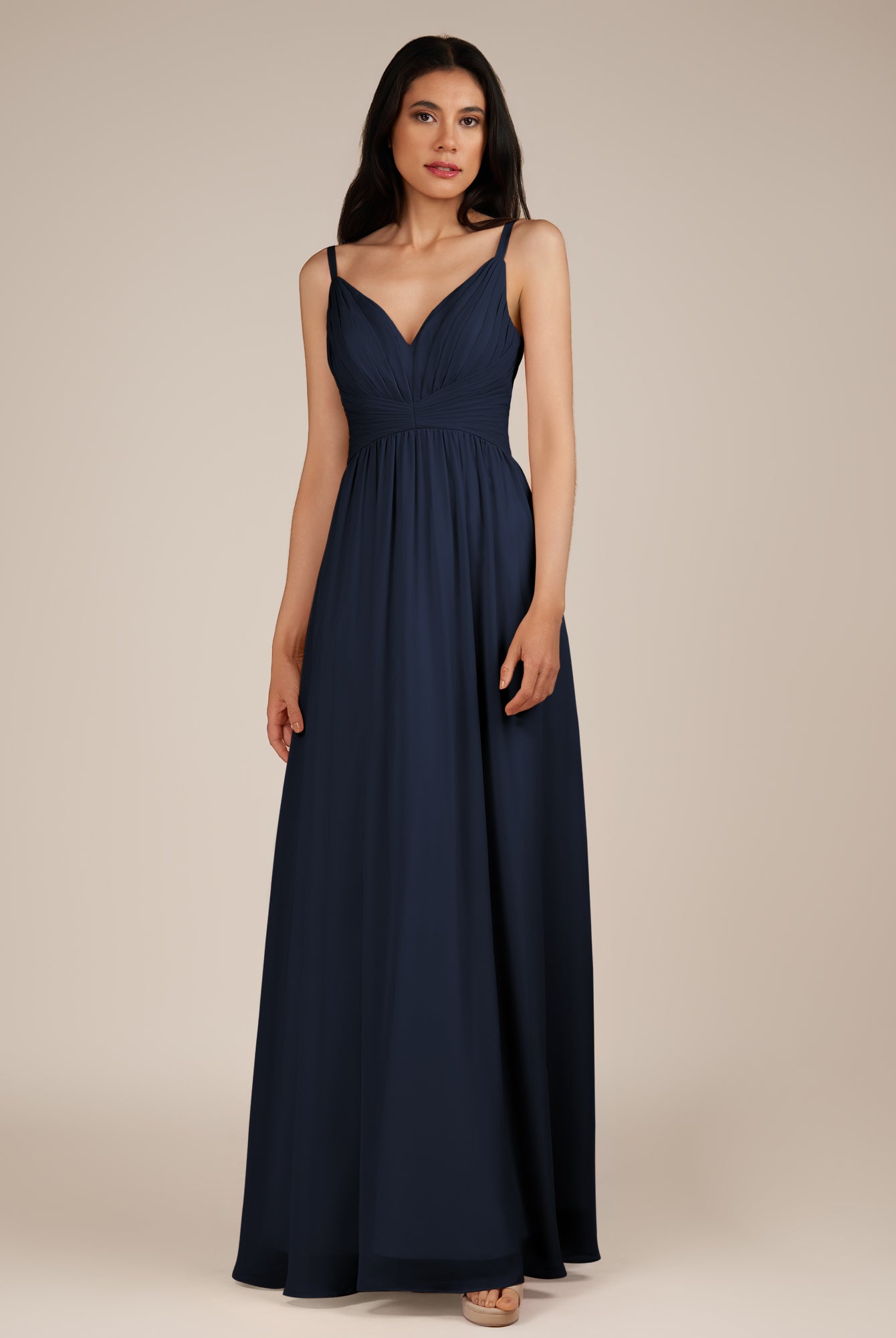 KissDress-Ophelia Dark Navy A Line Chiffon V Neck Long Bridesmaid Dress with Pleats