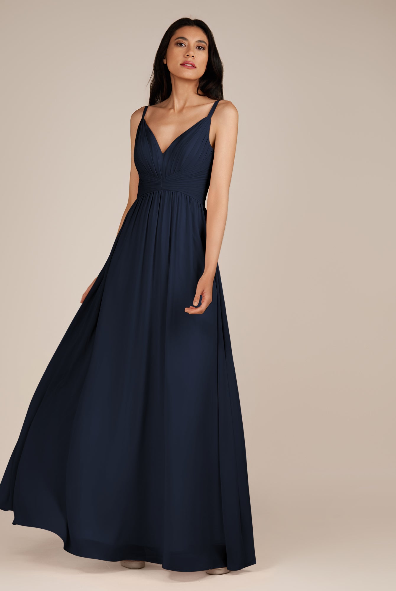 KissDress-Ophelia Dark Navy A Line Chiffon V Neck Long Bridesmaid Dress with Pleats