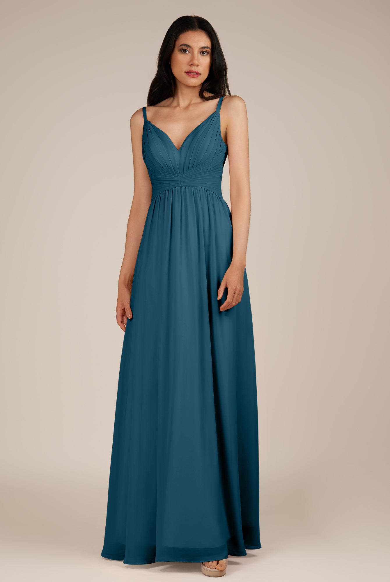 KissDress-Ophelia Dark Teal A Line Chiffon V Neck Long Bridesmaid Dress with Pleats