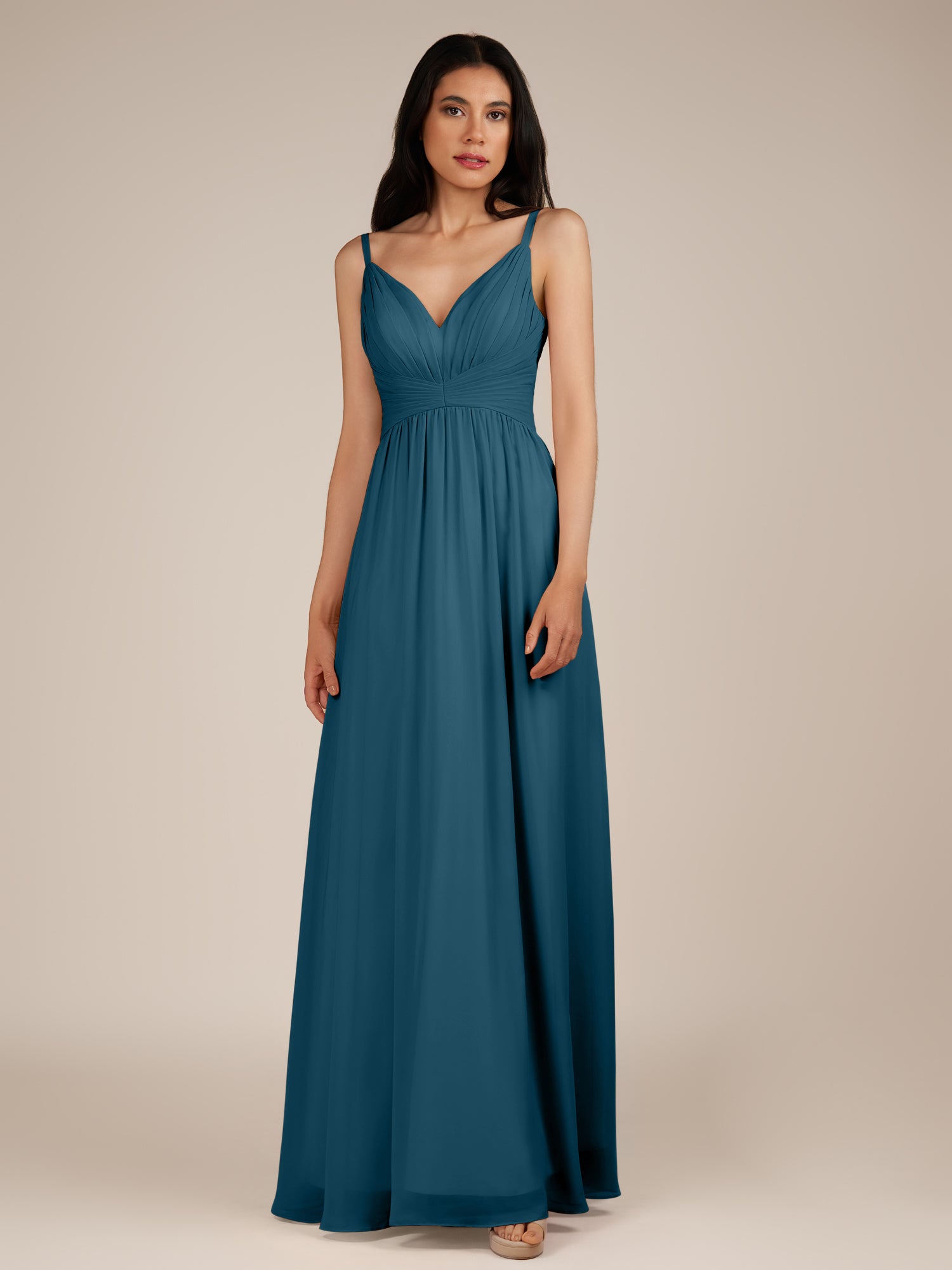 KissDress-Ophelia Dark Teal A Line Chiffon V Neck Long Bridesmaid Dress with Pleats
