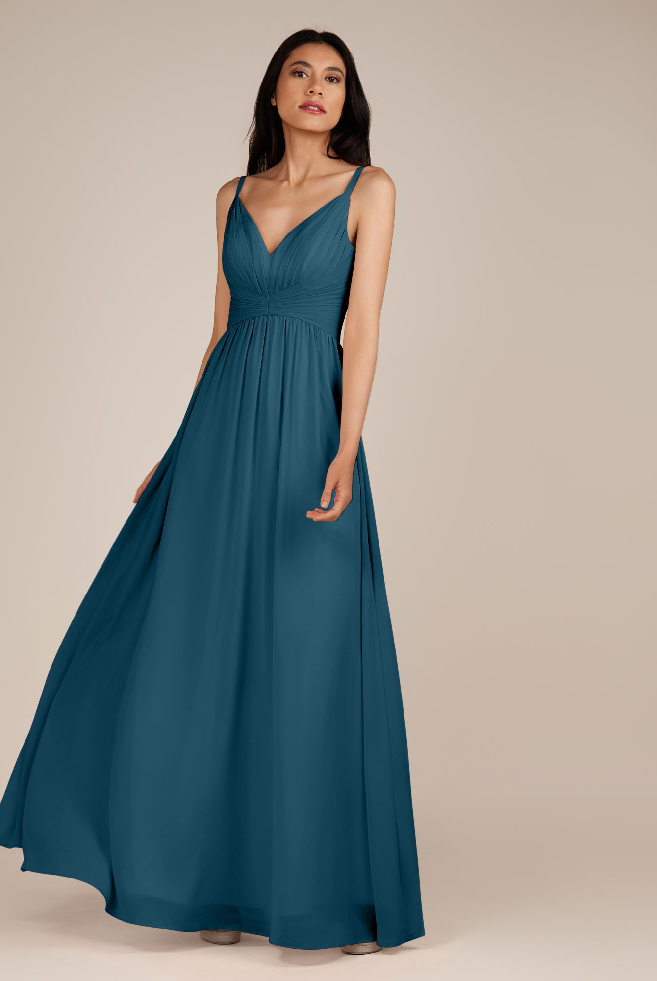 KissDress-Ophelia Dark Teal A Line Chiffon V Neck Long Bridesmaid Dress with Pleats