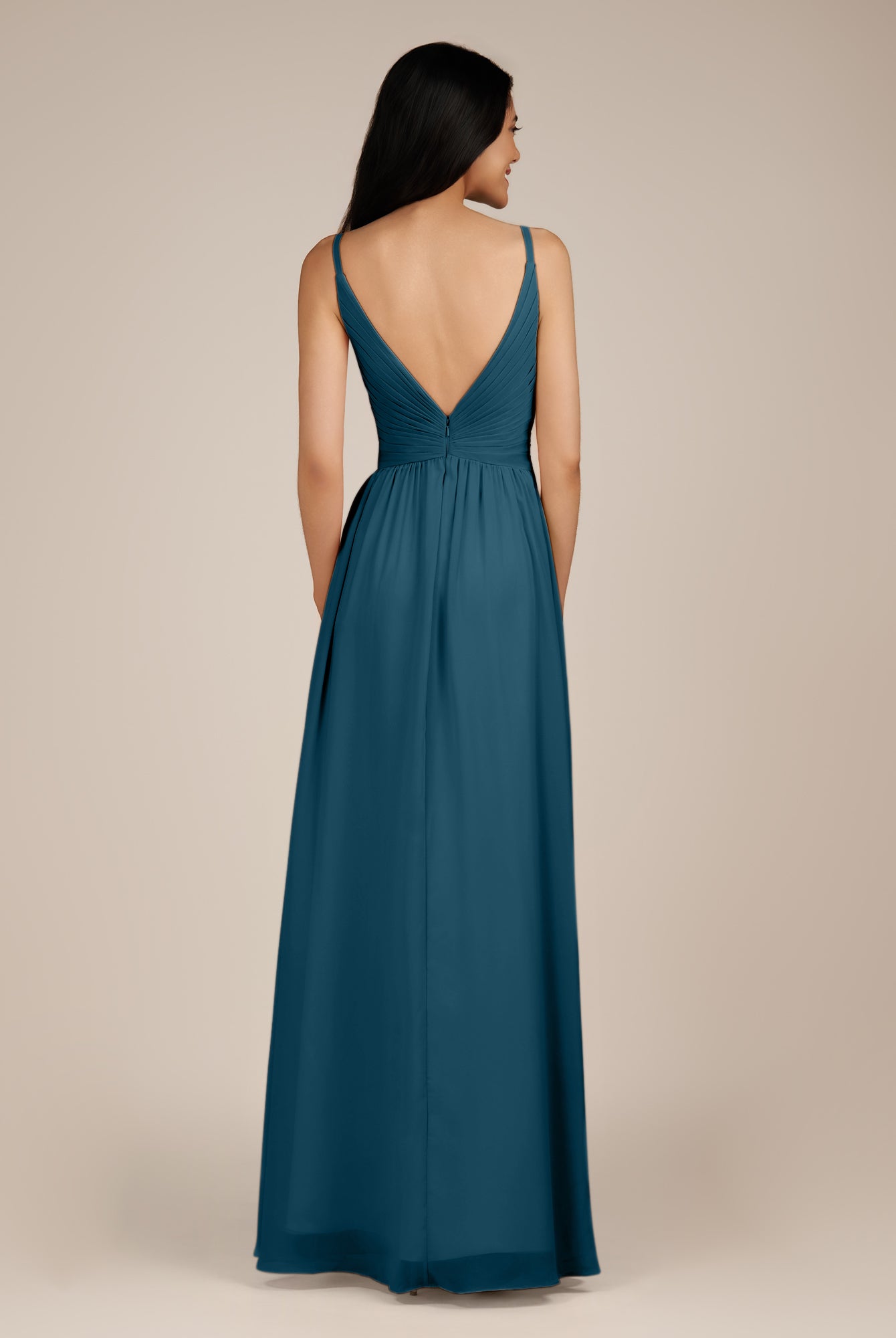 KissDress-Ophelia Dark Teal A Line Chiffon V Neck Long Bridesmaid Dress with Pleats