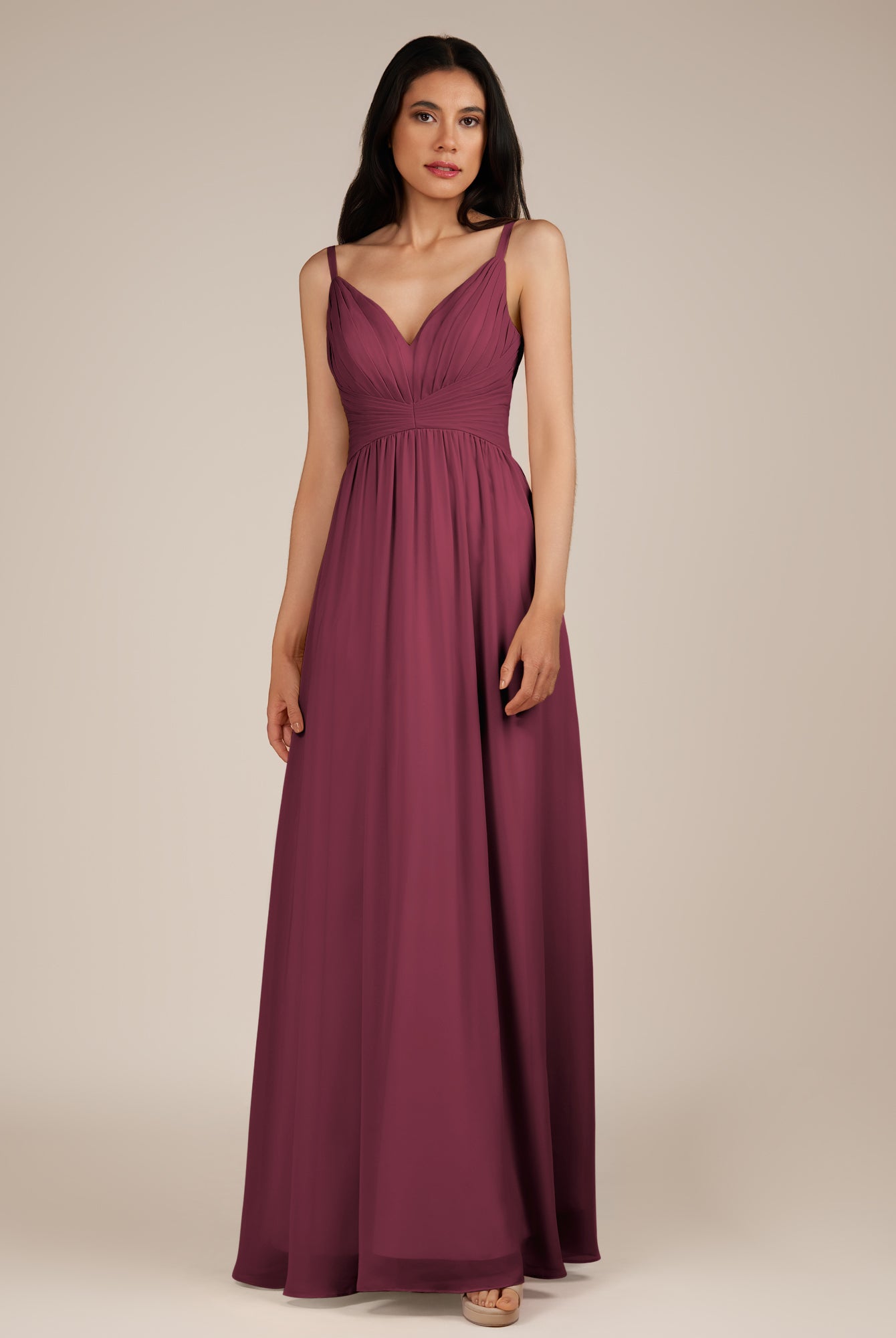 KissDress-Ophelia Desert Rose A Line Chiffon V Neck Long Bridesmaid Dress with Pleats