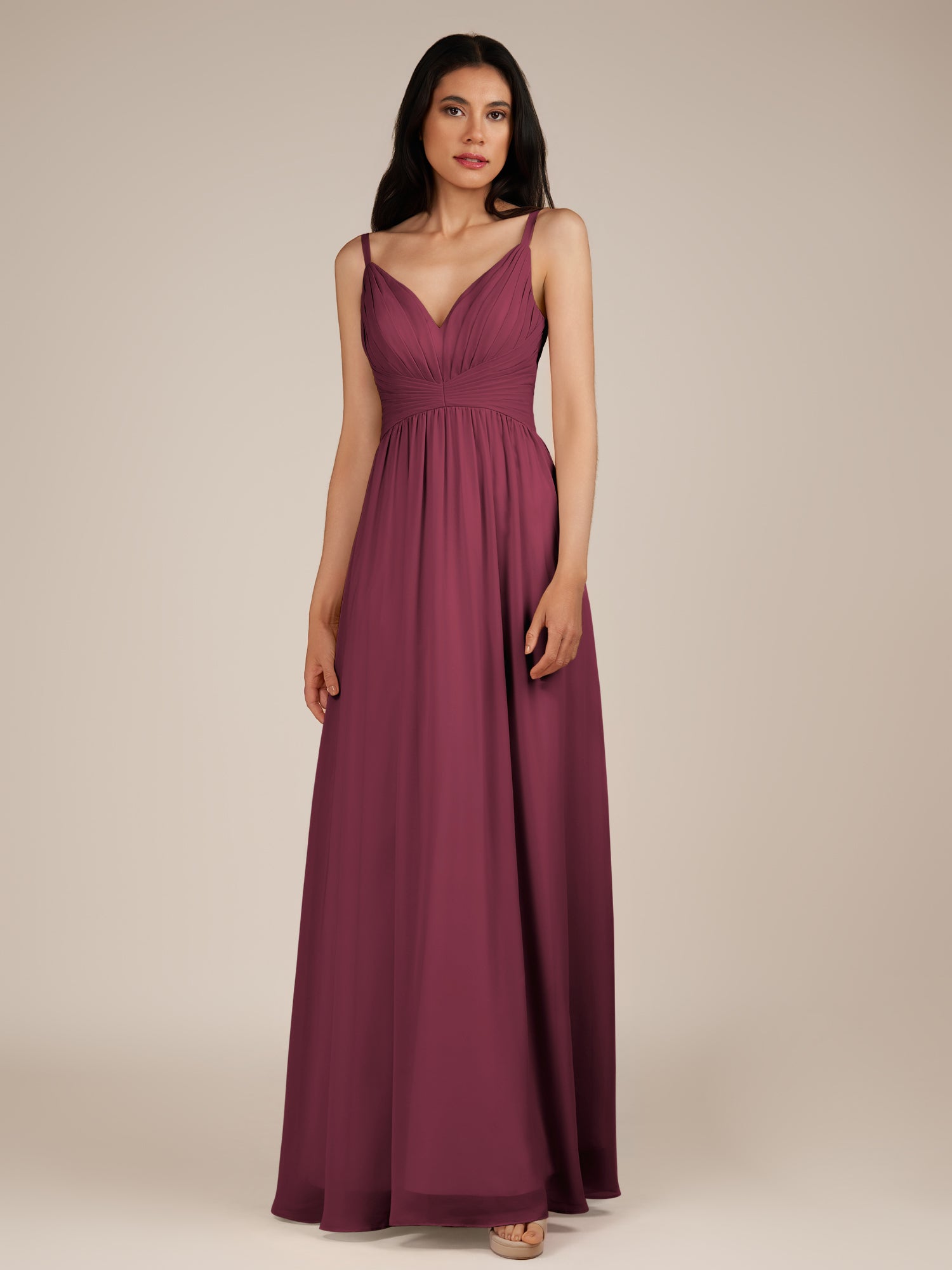 KissDress-Ophelia Desert Rose A Line Chiffon V Neck Long Bridesmaid Dress with Pleats
