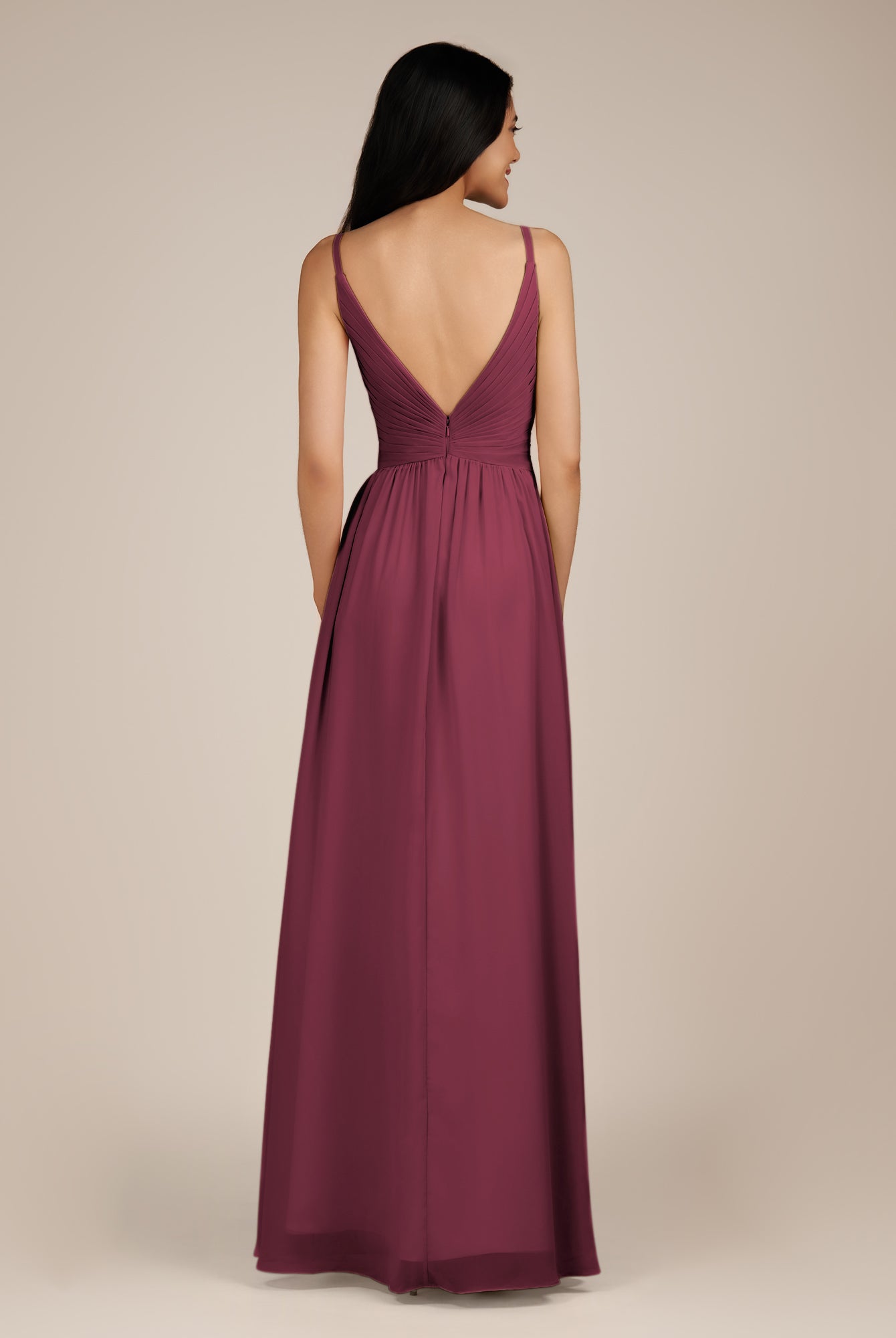 KissDress-Ophelia Desert Rose A Line Chiffon V Neck Long Bridesmaid Dress with Pleats