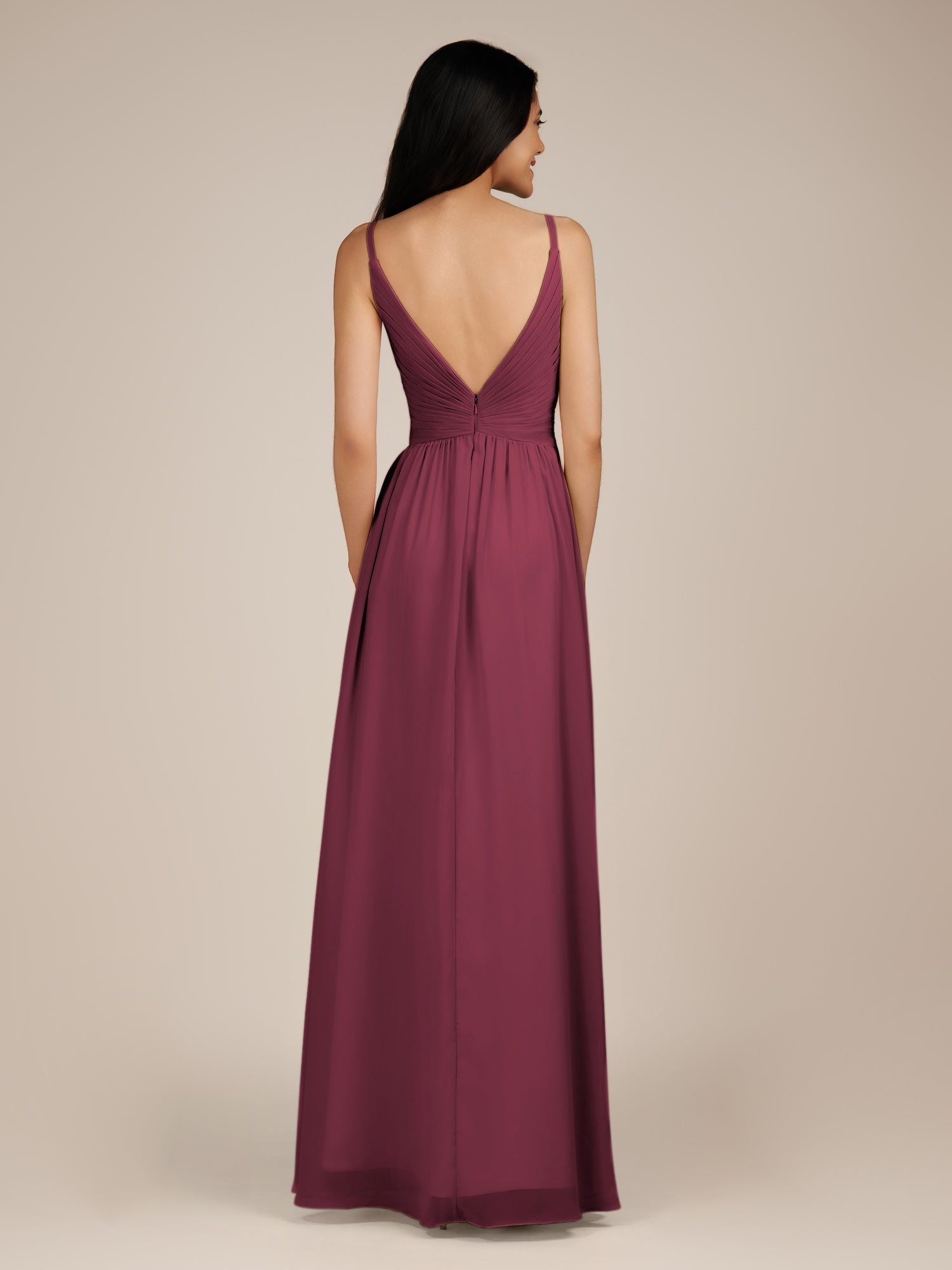 KissDress-Ophelia Desert Rose A Line Chiffon V Neck Long Bridesmaid Dress with Pleats