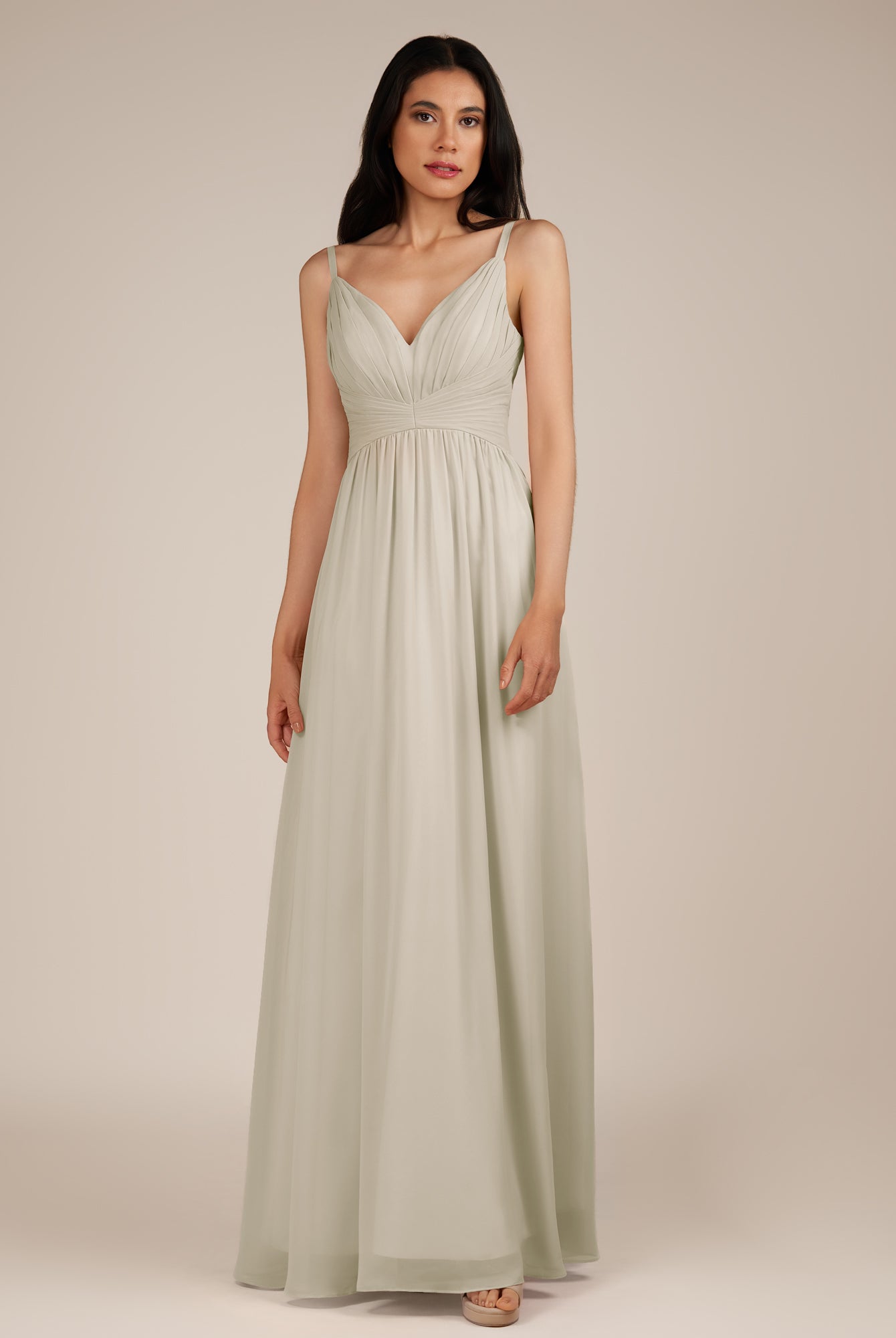 KissDress-Ophelia Dove Gray A Line Chiffon V Neck Long Bridesmaid Dress with Pleats