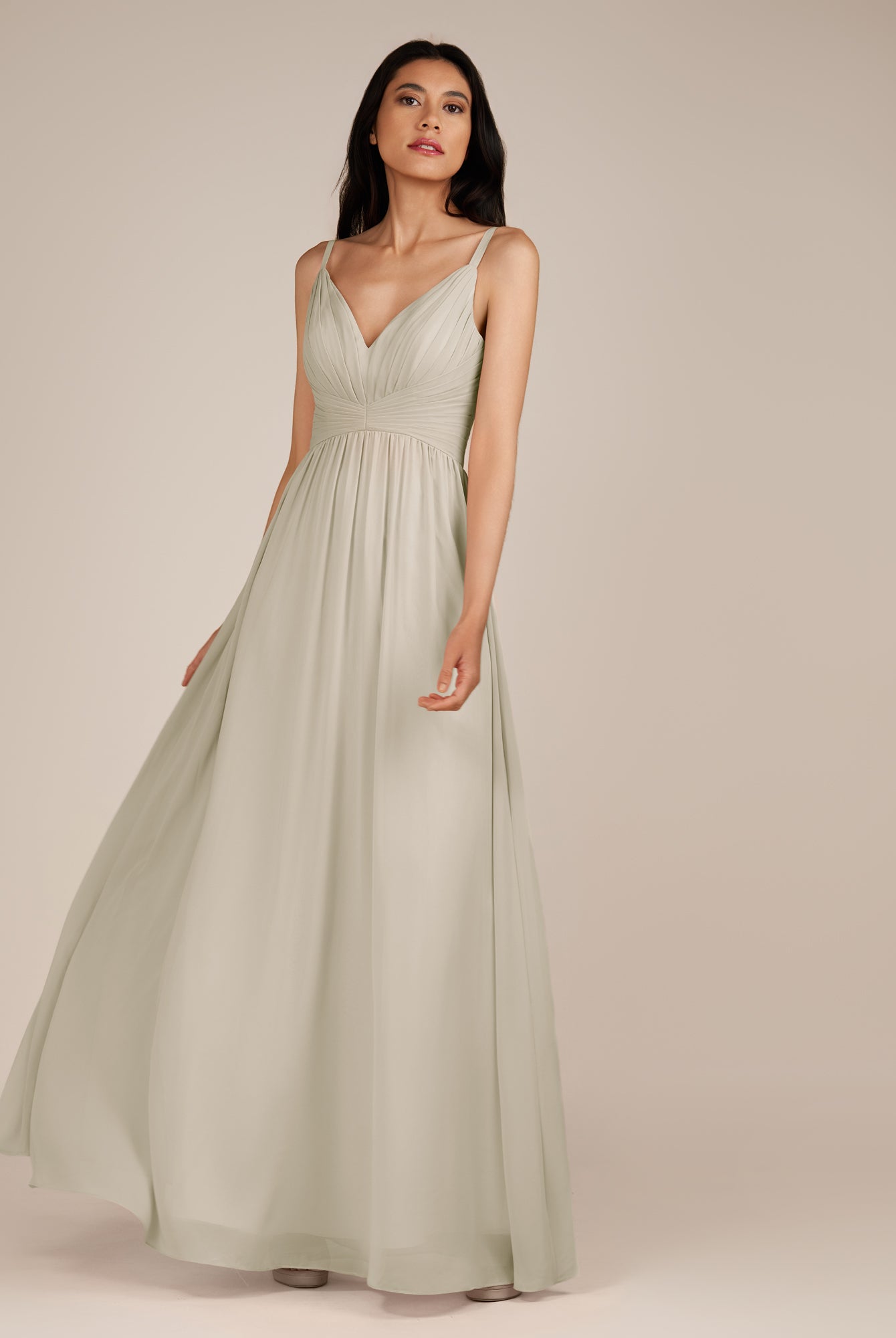 KissDress-Ophelia Dove Gray A Line Chiffon V Neck Long Bridesmaid Dress with Pleats
