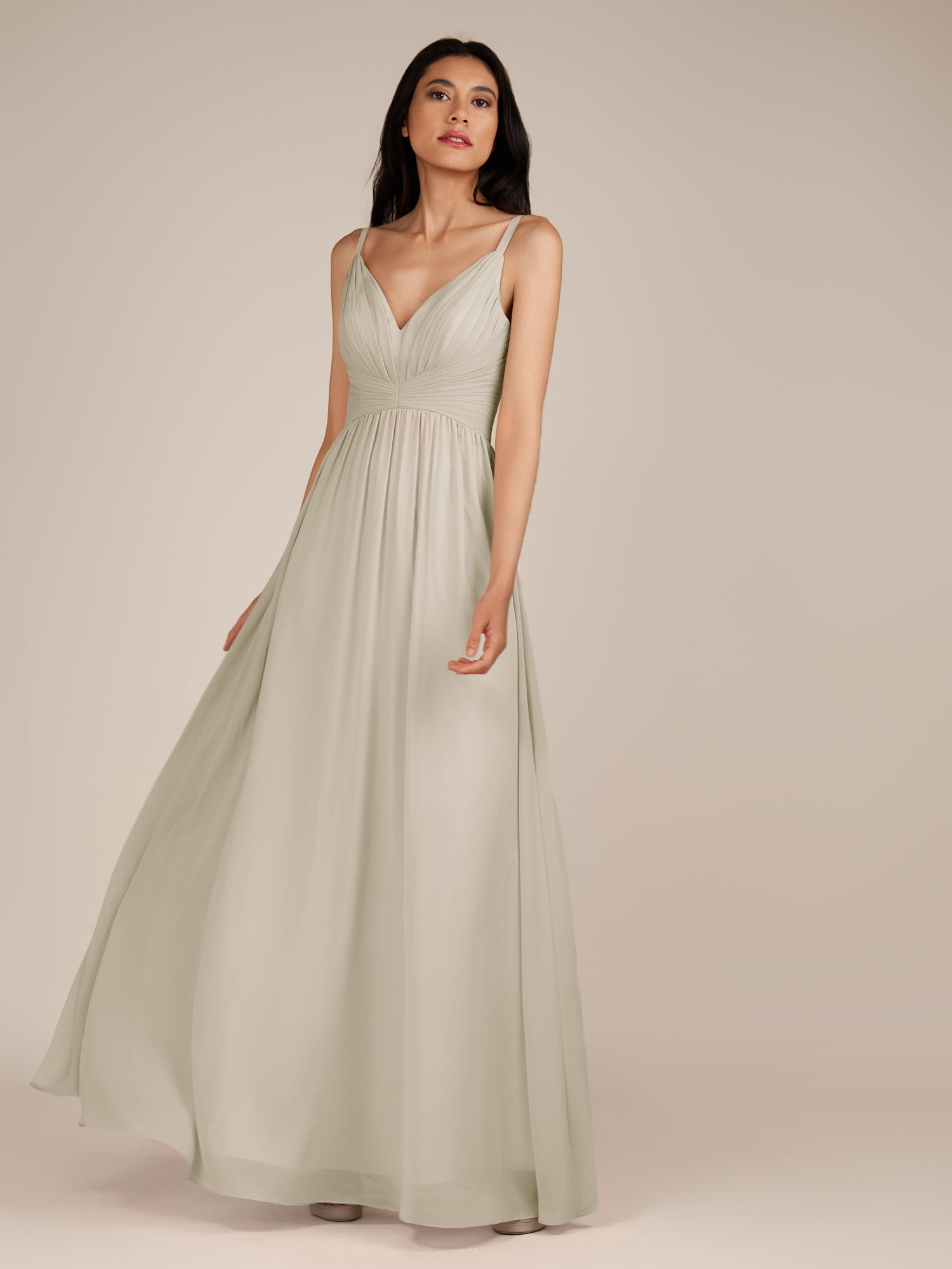 KissDress-Ophelia Dove Gray A Line Chiffon V Neck Long Bridesmaid Dress with Pleats