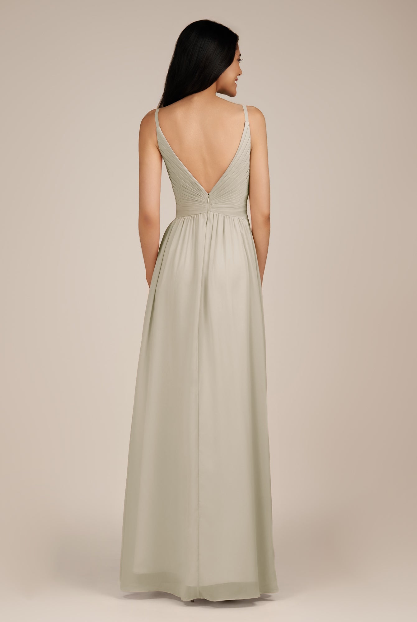 KissDress-Ophelia Dove Gray A Line Chiffon V Neck Long Bridesmaid Dress with Pleats