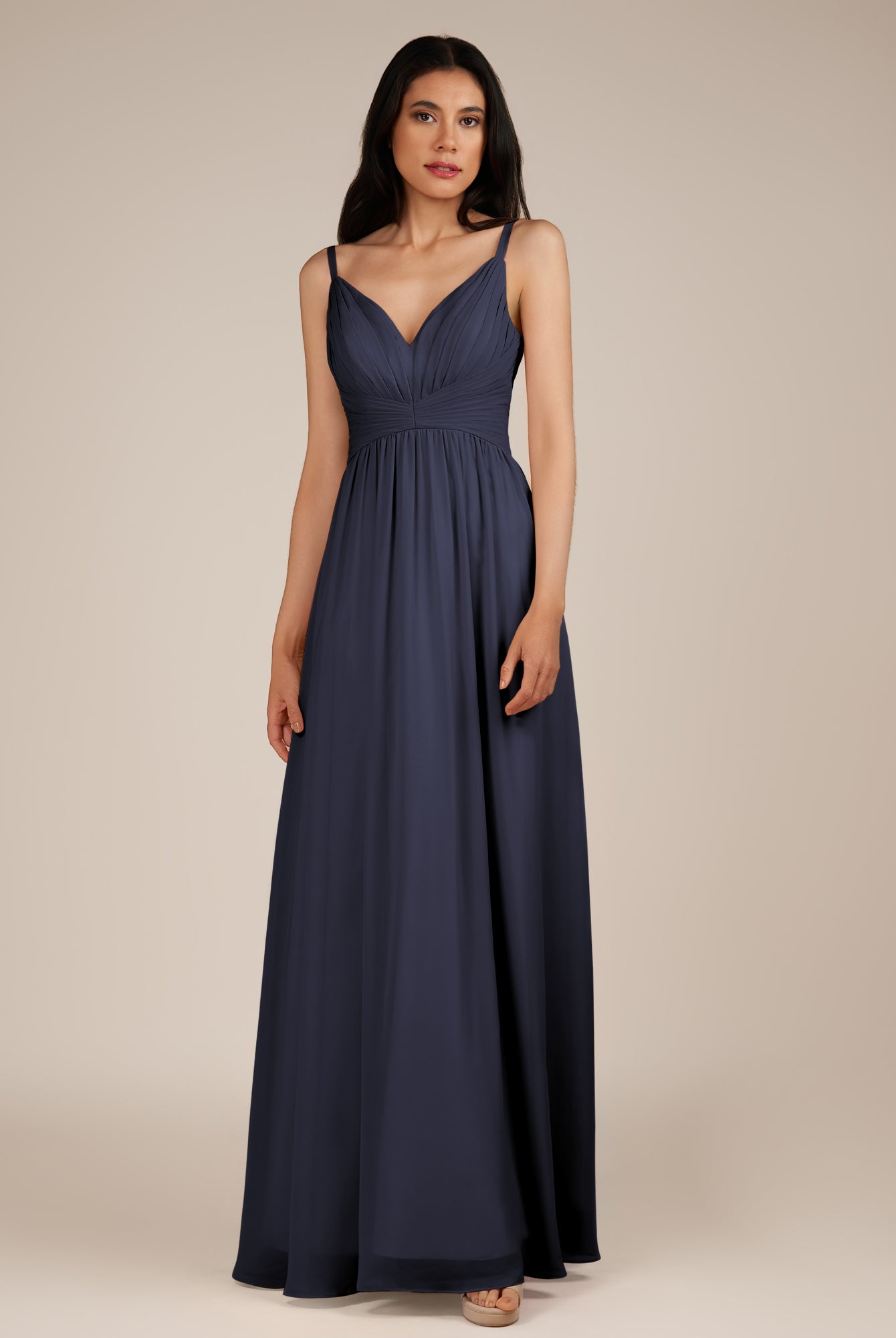 KissDress-Ophelia Dusk Blue A Line Chiffon V Neck Long Bridesmaid Dress with Pleats