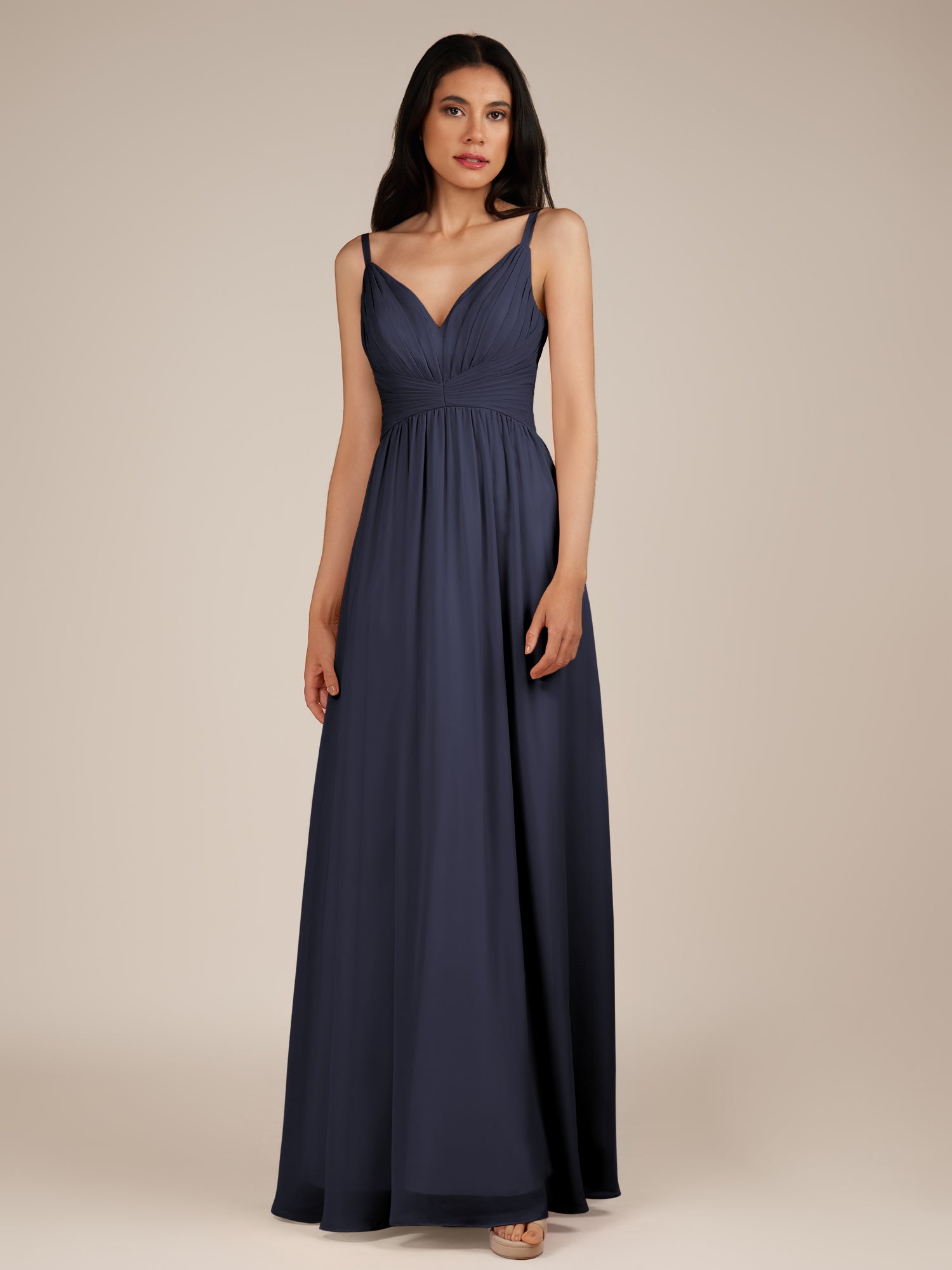 KissDress-Ophelia Dusk Blue A Line Chiffon V Neck Long Bridesmaid Dress with Pleats