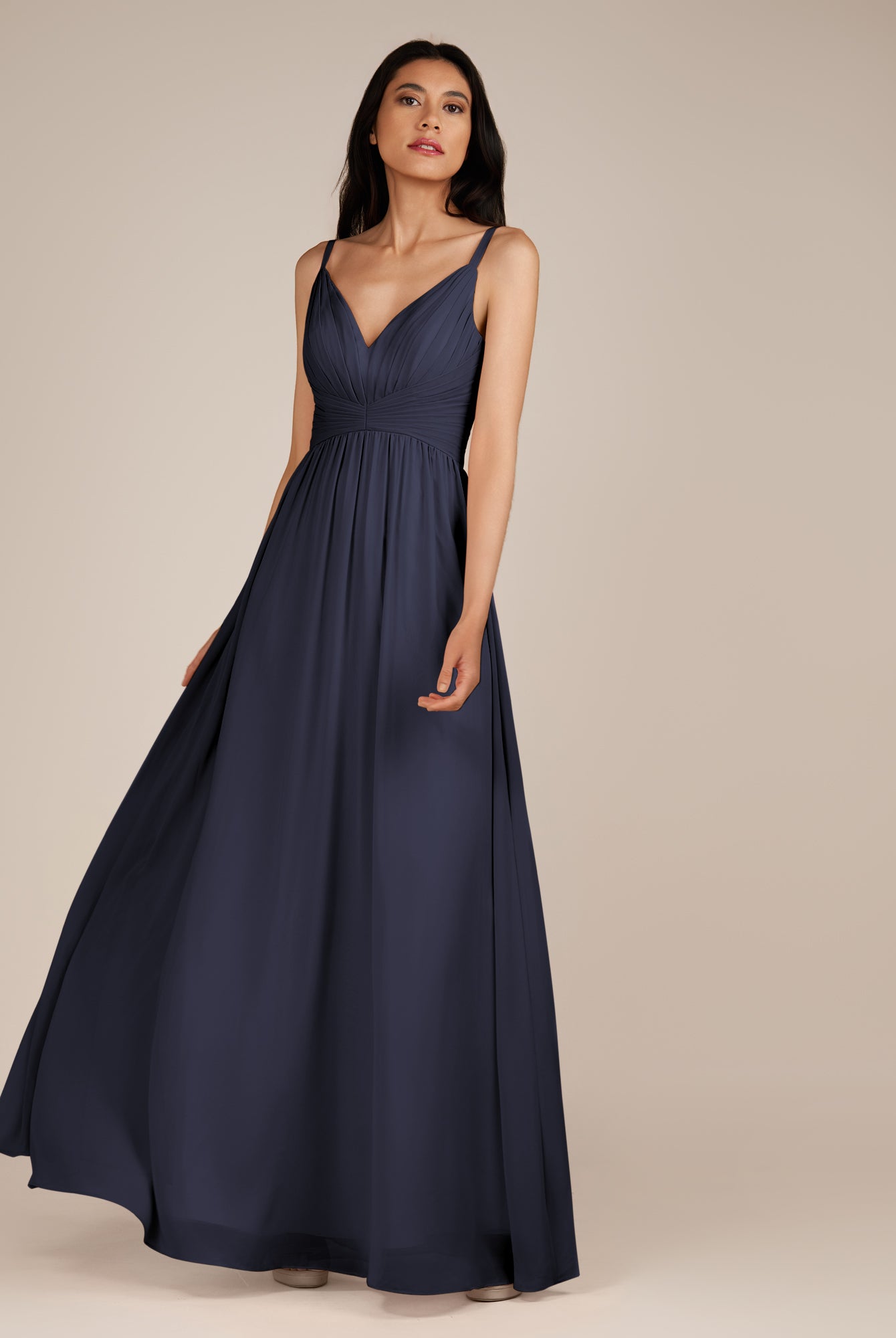 KissDress-Ophelia Dusk Blue A Line Chiffon V Neck Long Bridesmaid Dress with Pleats