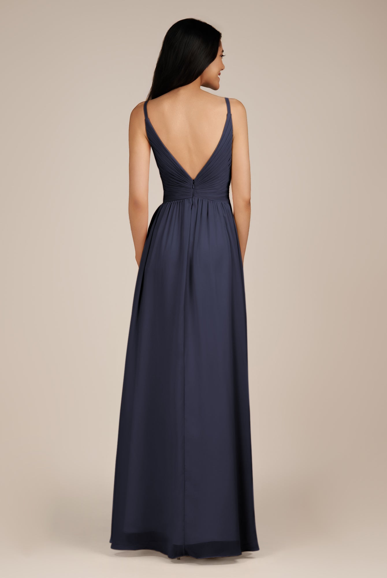 KissDress-Ophelia Dusk Blue A Line Chiffon V Neck Long Bridesmaid Dress with Pleats