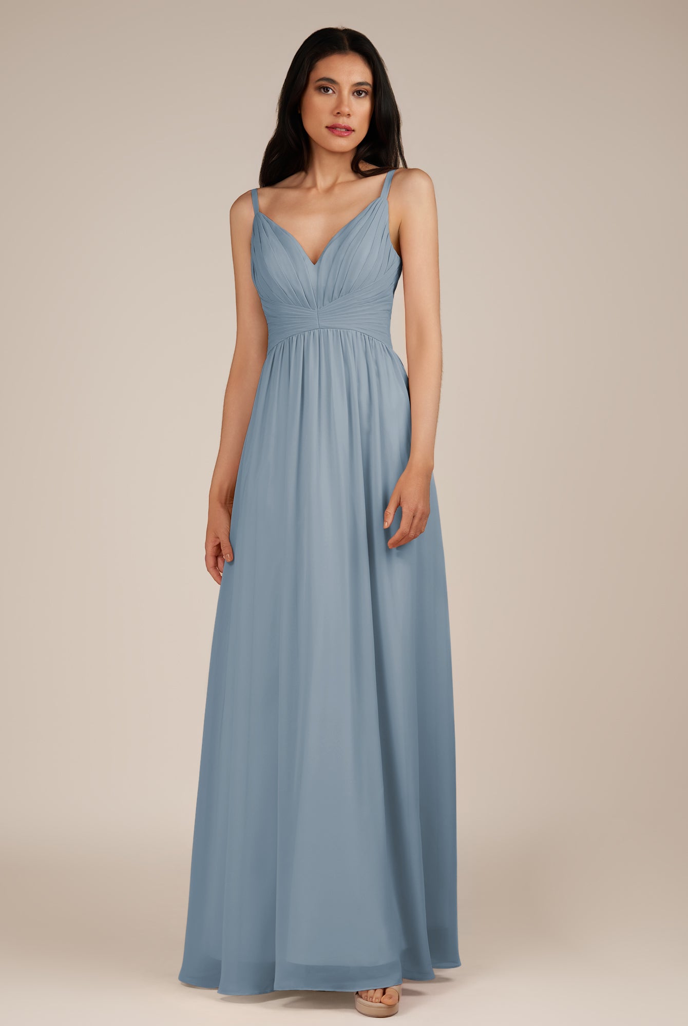 KissDress-Ophelia Dusty Blue A Line Chiffon V Neck Long Bridesmaid Dress with Pleats