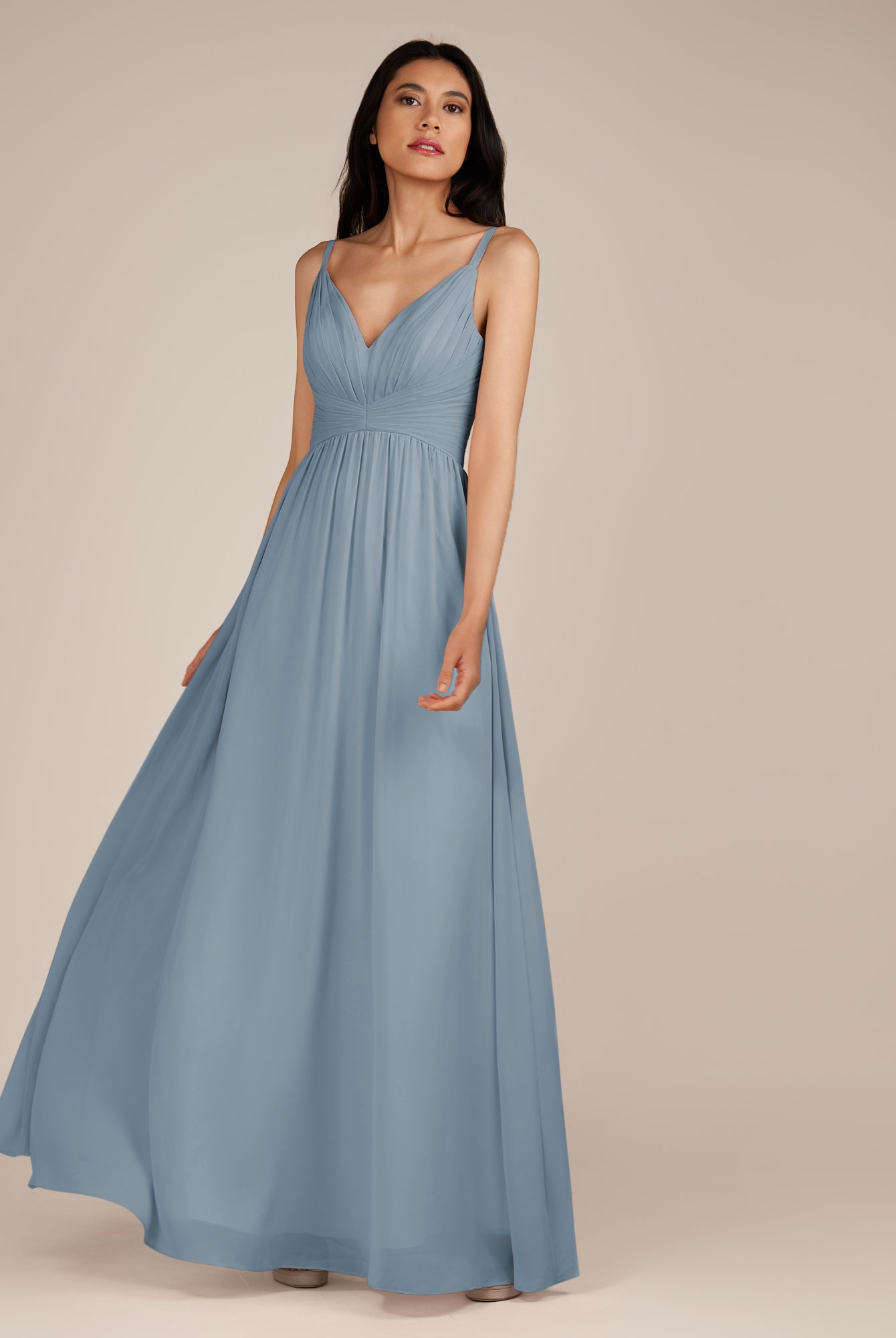 KissDress-Ophelia Dusty Blue A Line Chiffon V Neck Long Bridesmaid Dress with Pleats