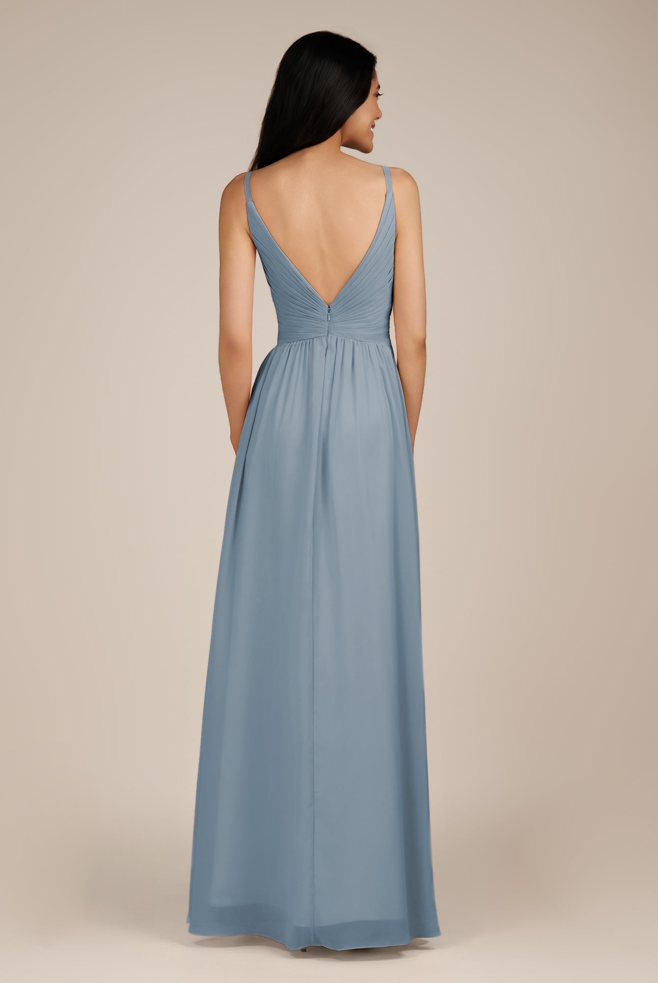 KissDress-Ophelia Dusty Blue A Line Chiffon V Neck Long Bridesmaid Dress with Pleats