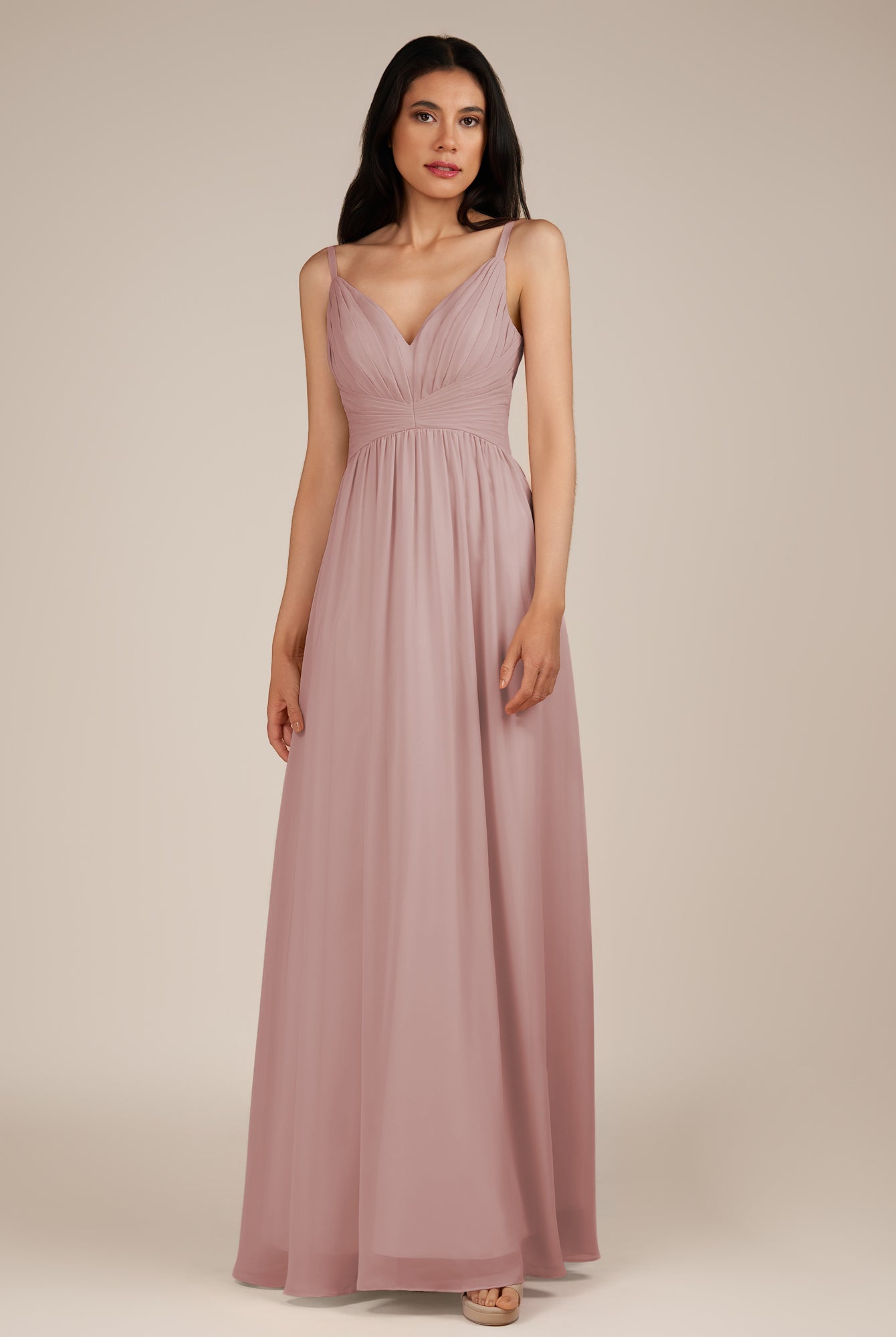 KissDress-Ophelia Dusty Rose A Line Chiffon V Neck Long Bridesmaid Dress with Pleats