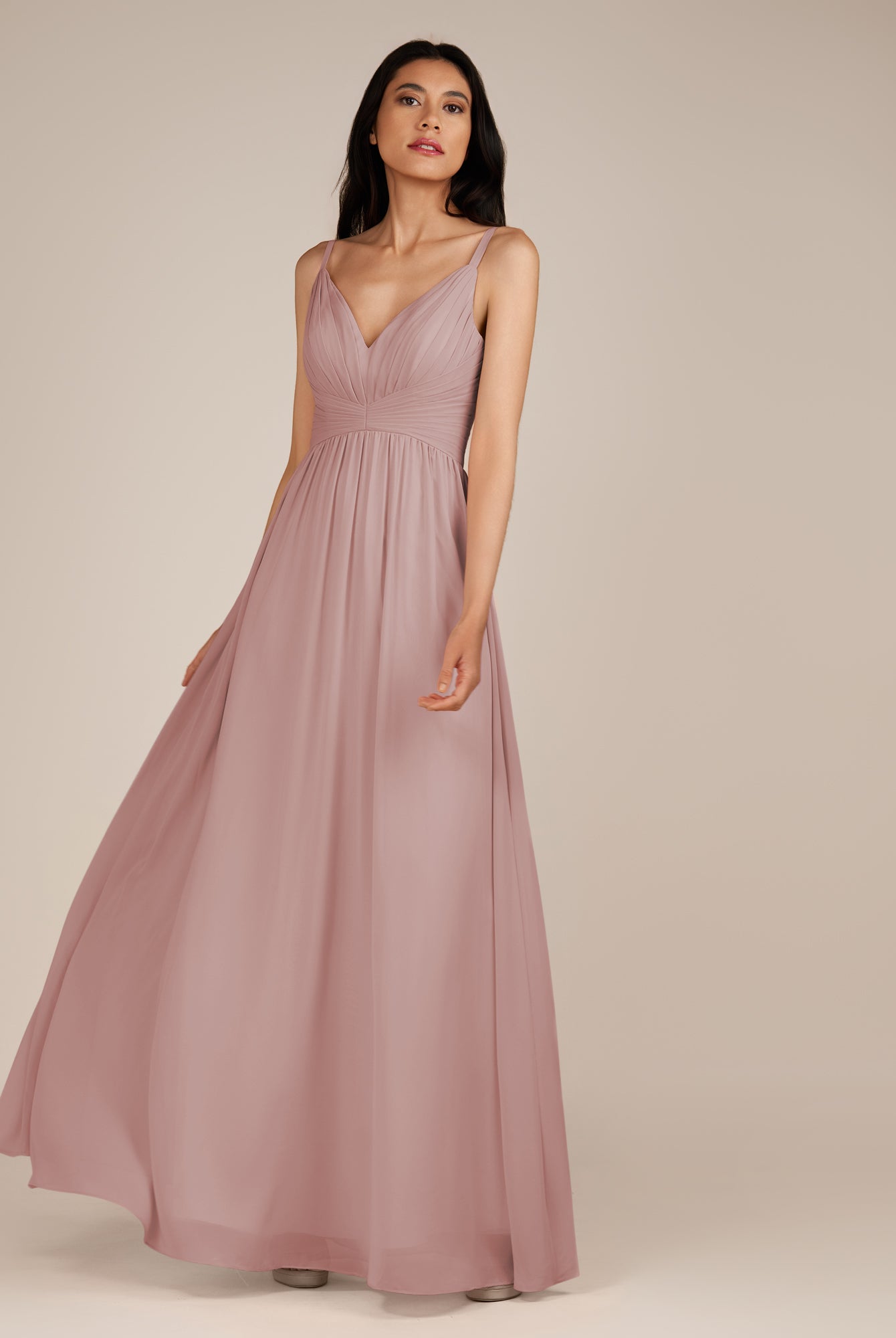 KissDress-Ophelia Dusty Rose A Line Chiffon V Neck Long Bridesmaid Dress with Pleats
