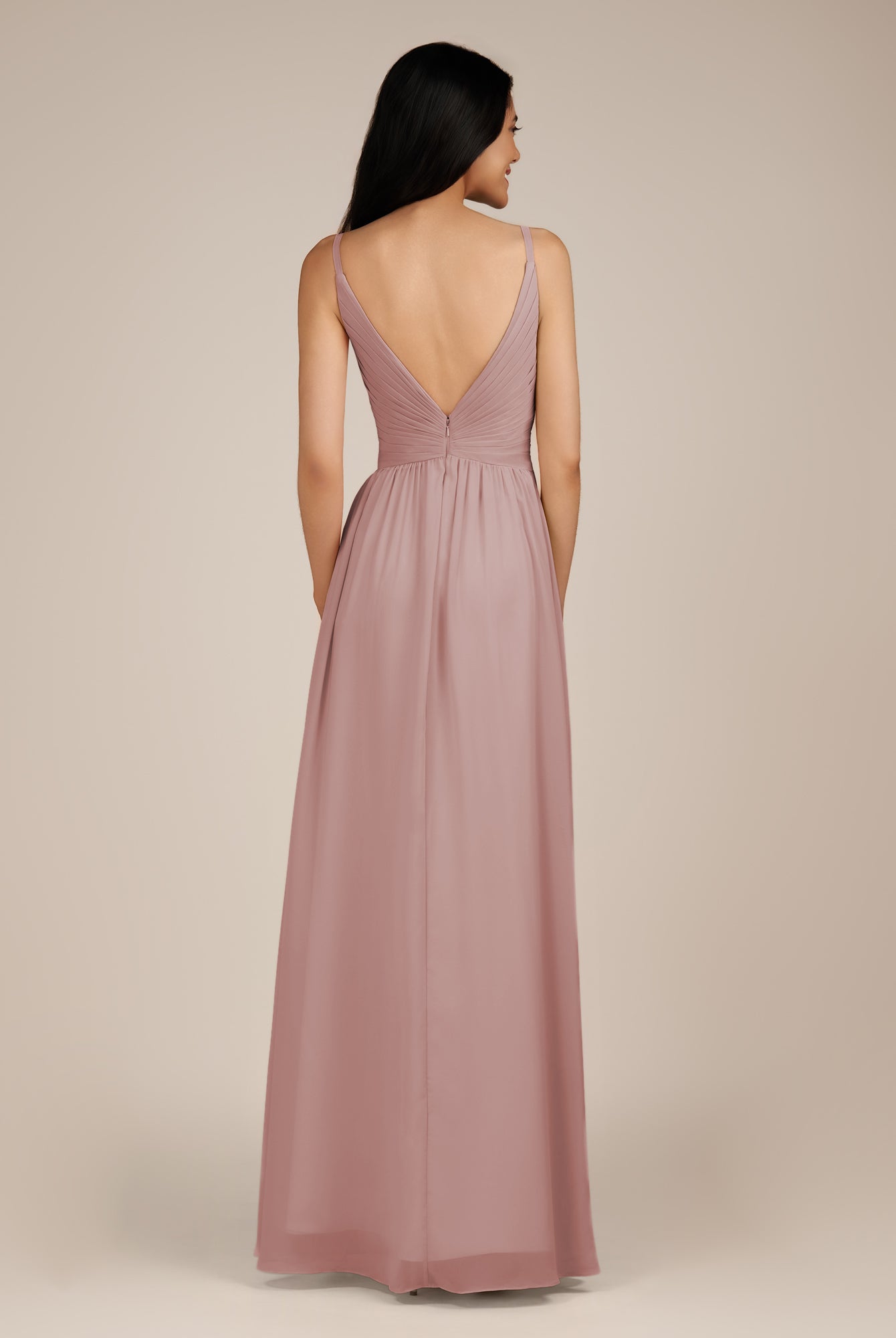 KissDress-Ophelia Dusty Rose A Line Chiffon V Neck Long Bridesmaid Dress with Pleats