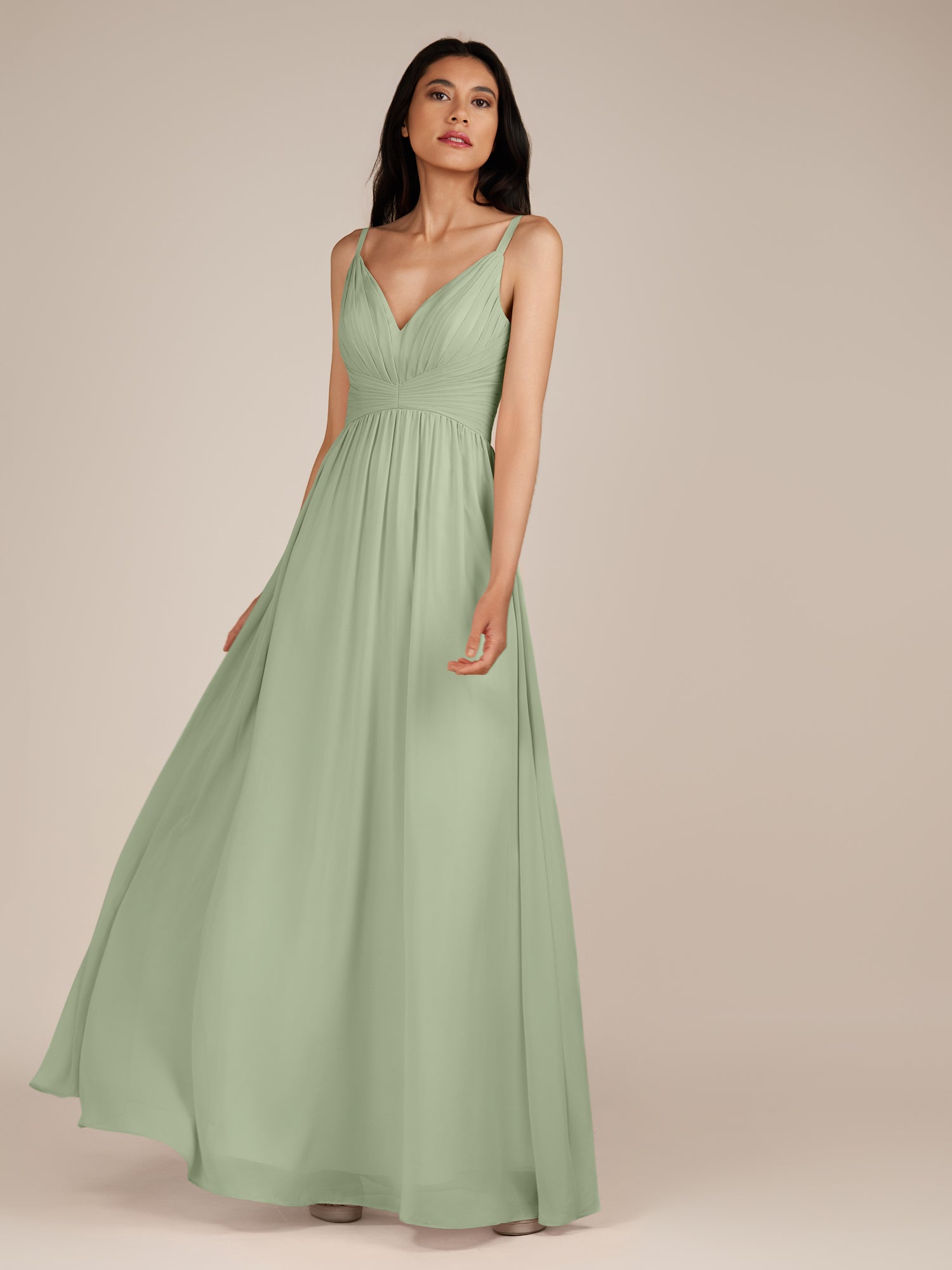 KissDress-Ophelia Dusty Sage A Line Chiffon V Neck Long Bridesmaid Dress with Pleats